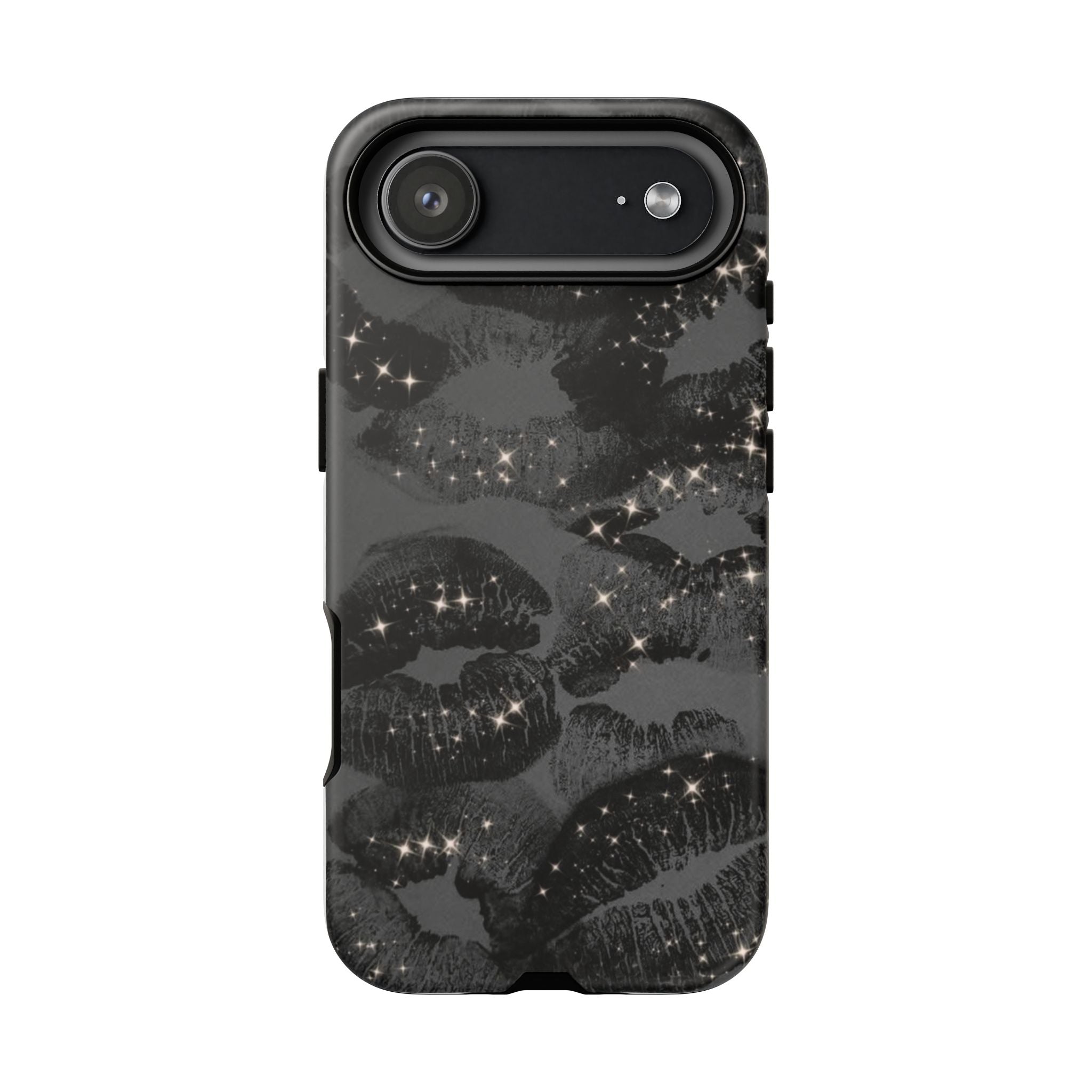 Black Glitter Kiss Phone Case — Sparkling Lip Print Protective Cover