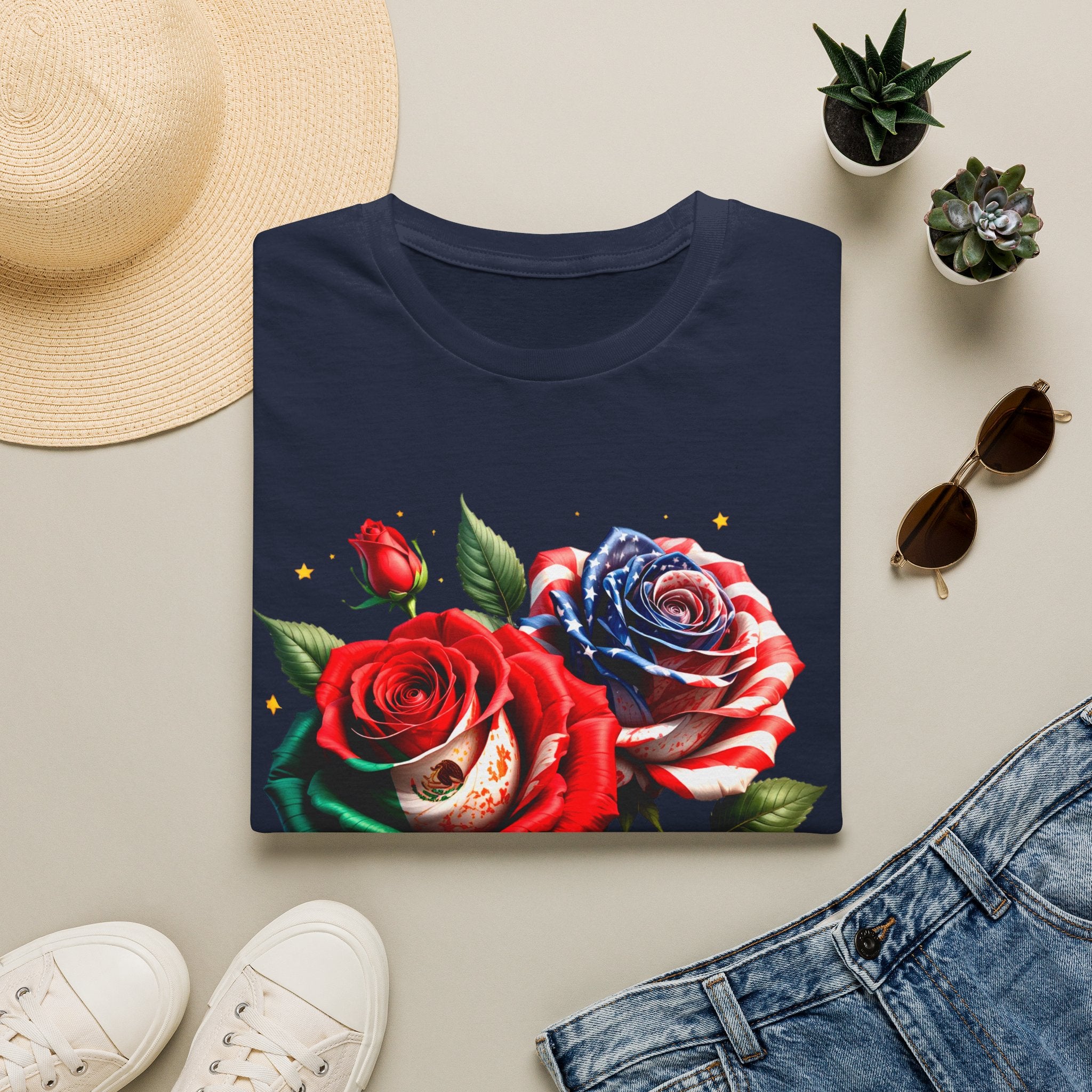 Patriotic Rose Skull T-Shirt — American Flag Blue & Red Floral Tee