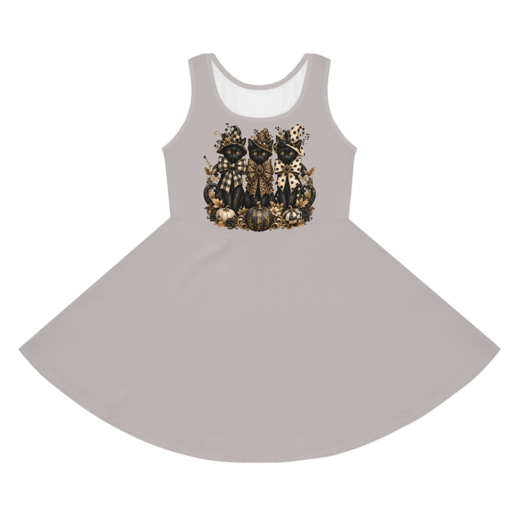 Girls' Halloween Black Cat Sundress — Vintage Pumpkin Party Dress