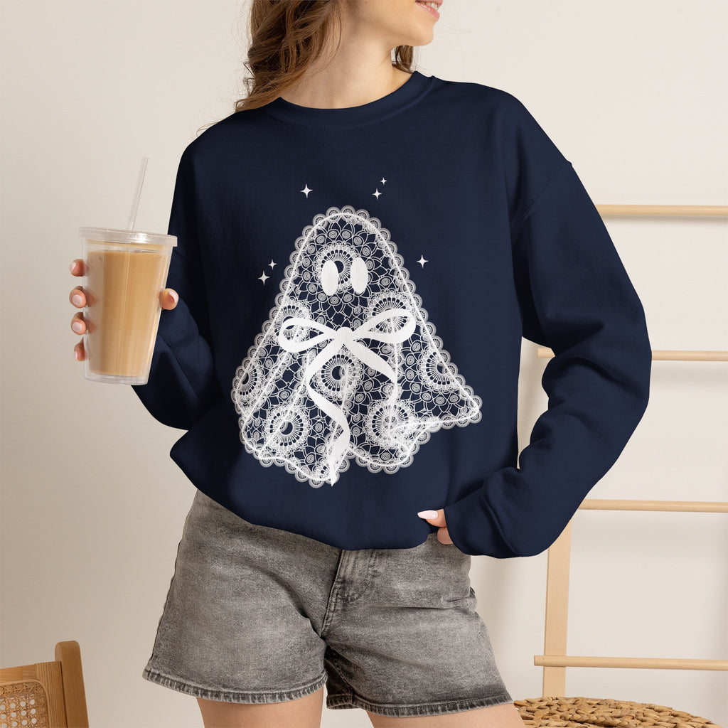 Crewneck Sweatshirt — Lace Ghost Illustration Cozy Halloween Pullover