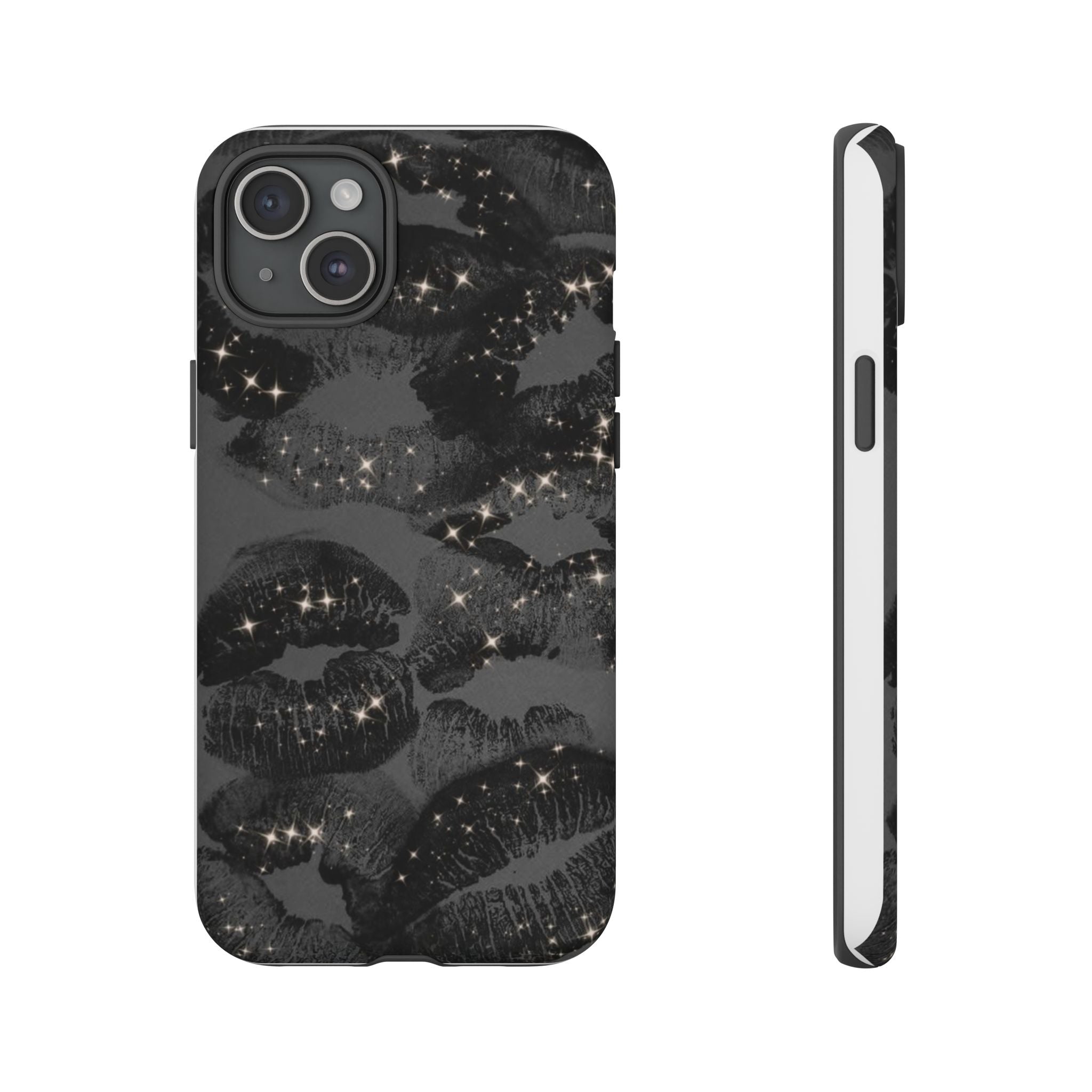 Black Glitter Kiss Phone Case — Sparkling Lip Print Protective Cover