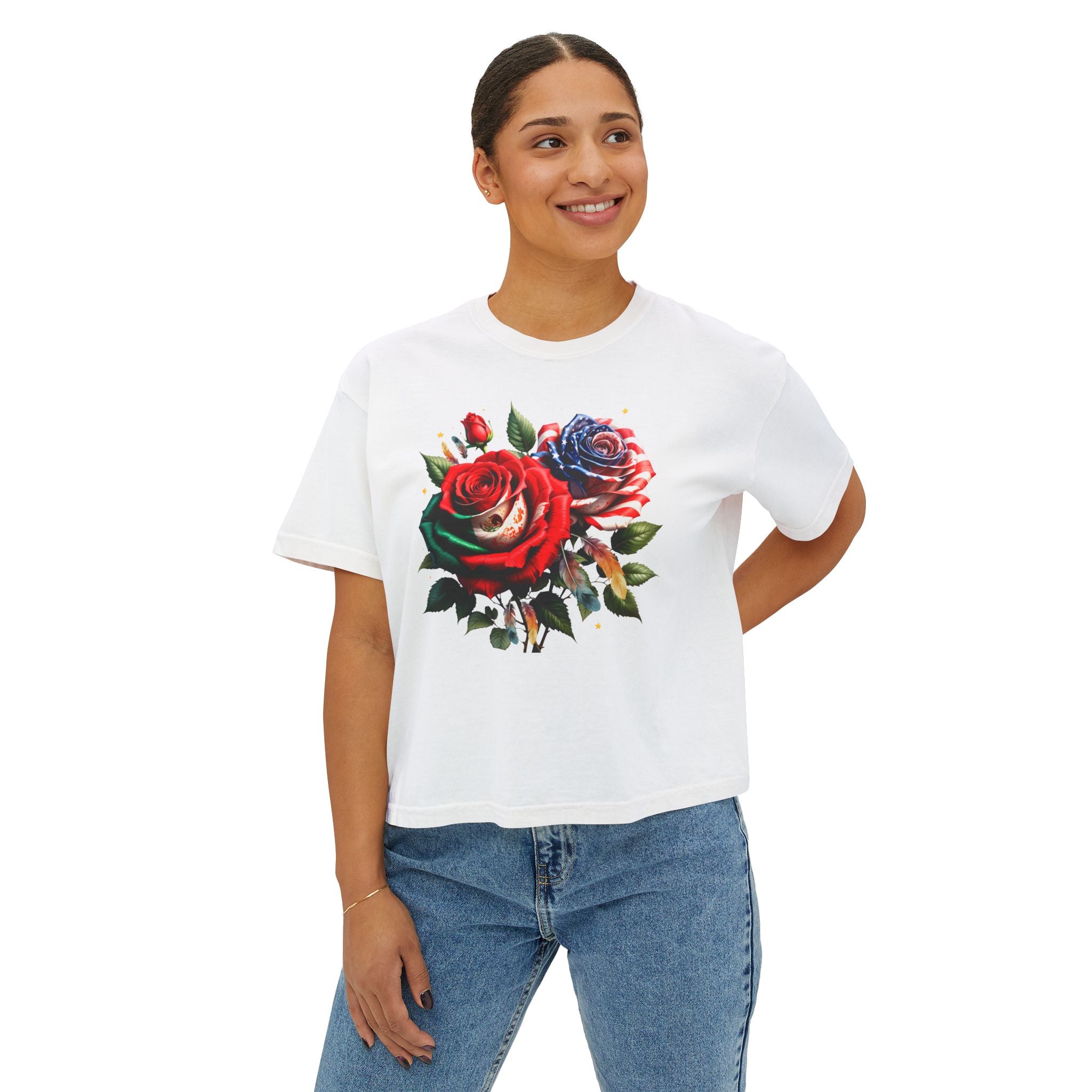 Women’s Boxy Tee — Vintage Red & Blue Rose Floral Graphic