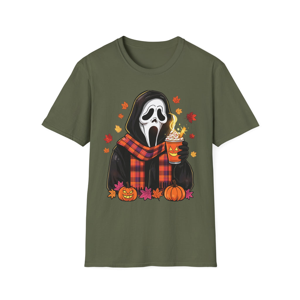 Halloween Scream Mask T‑Shirt — Cozy Fall Pumpkin & Hot Cocoa Graphic Tee