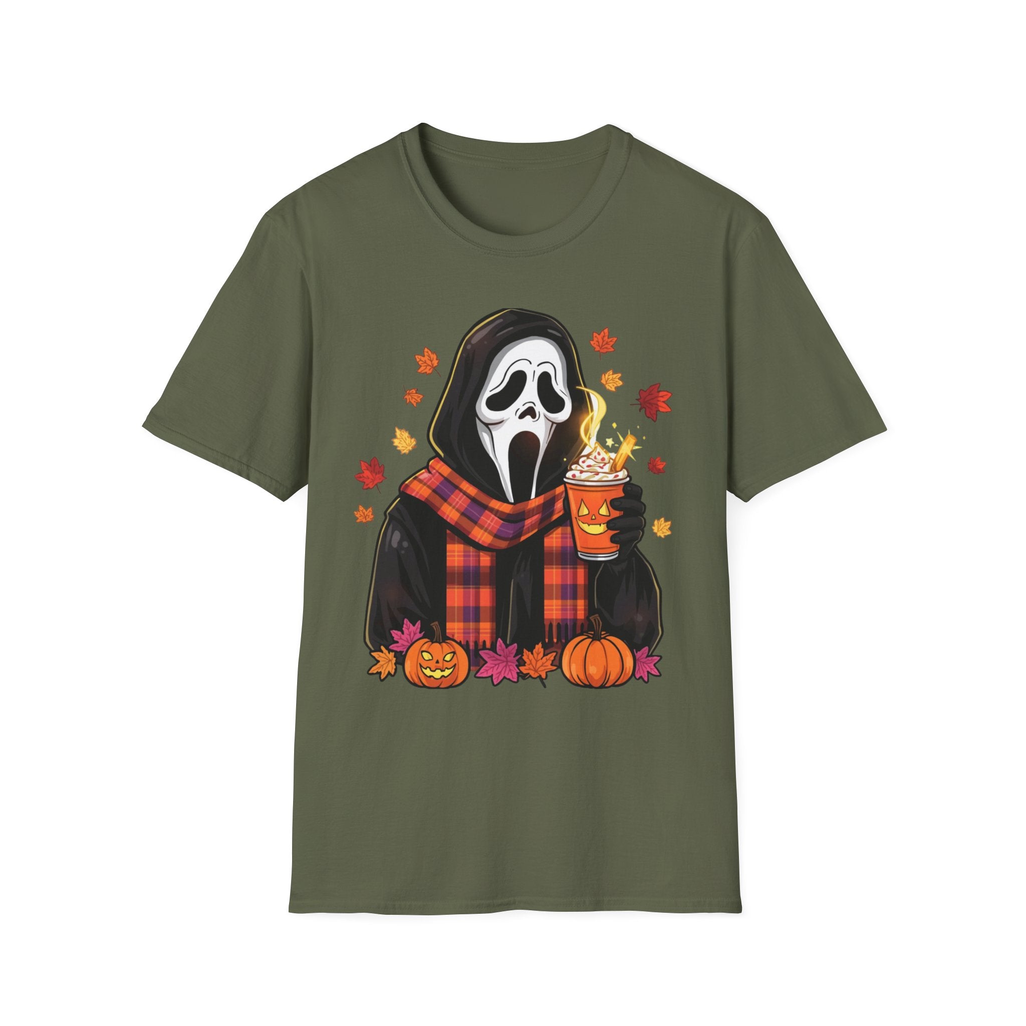 Halloween Scream Mask T‑Shirt — Cozy Fall Pumpkin & Hot Cocoa Graphic Tee