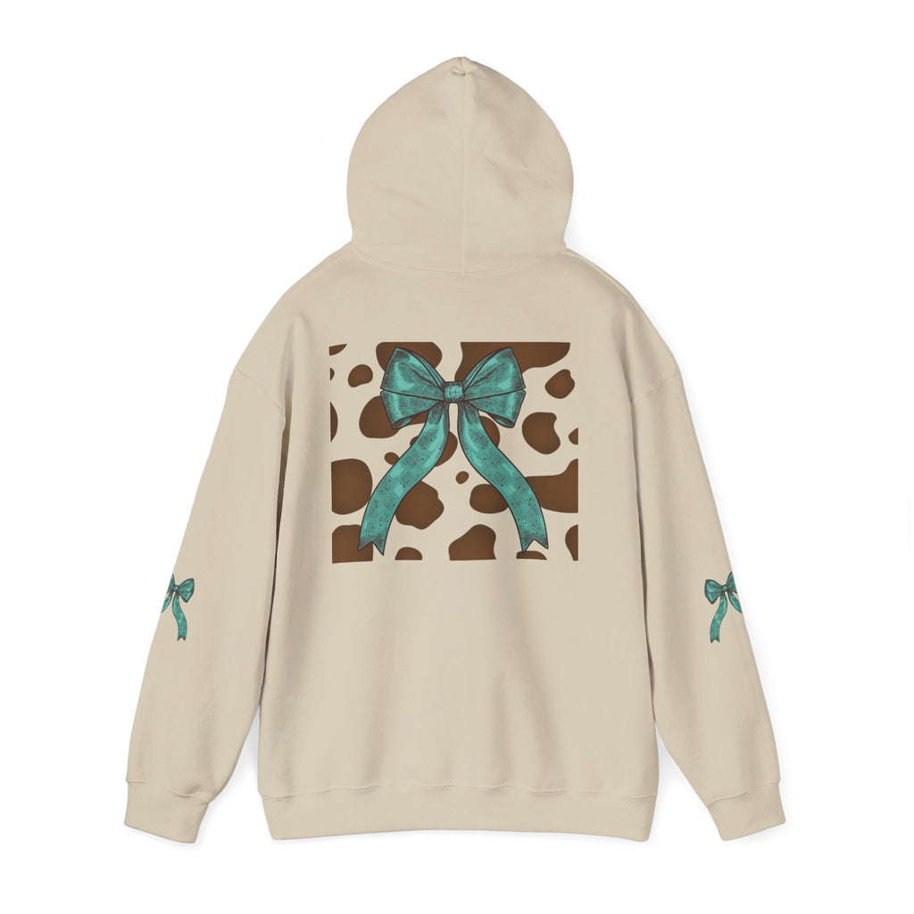 Mama Leopard Letters teal bow Hoodie | Cow print back panel, sleeve bows