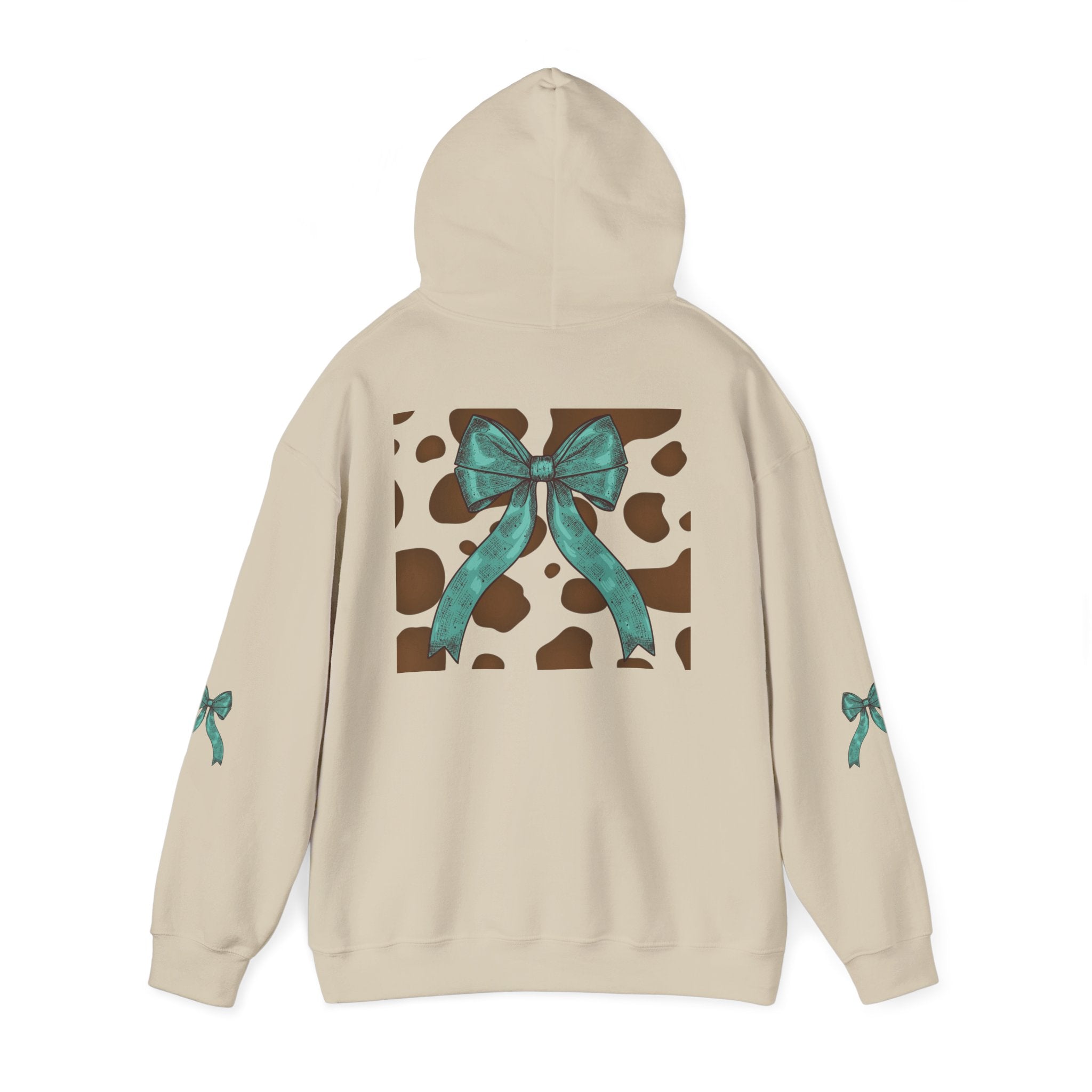 Mama Leopard Letters teal bow Hoodie | Cow print back panel, sleeve bows