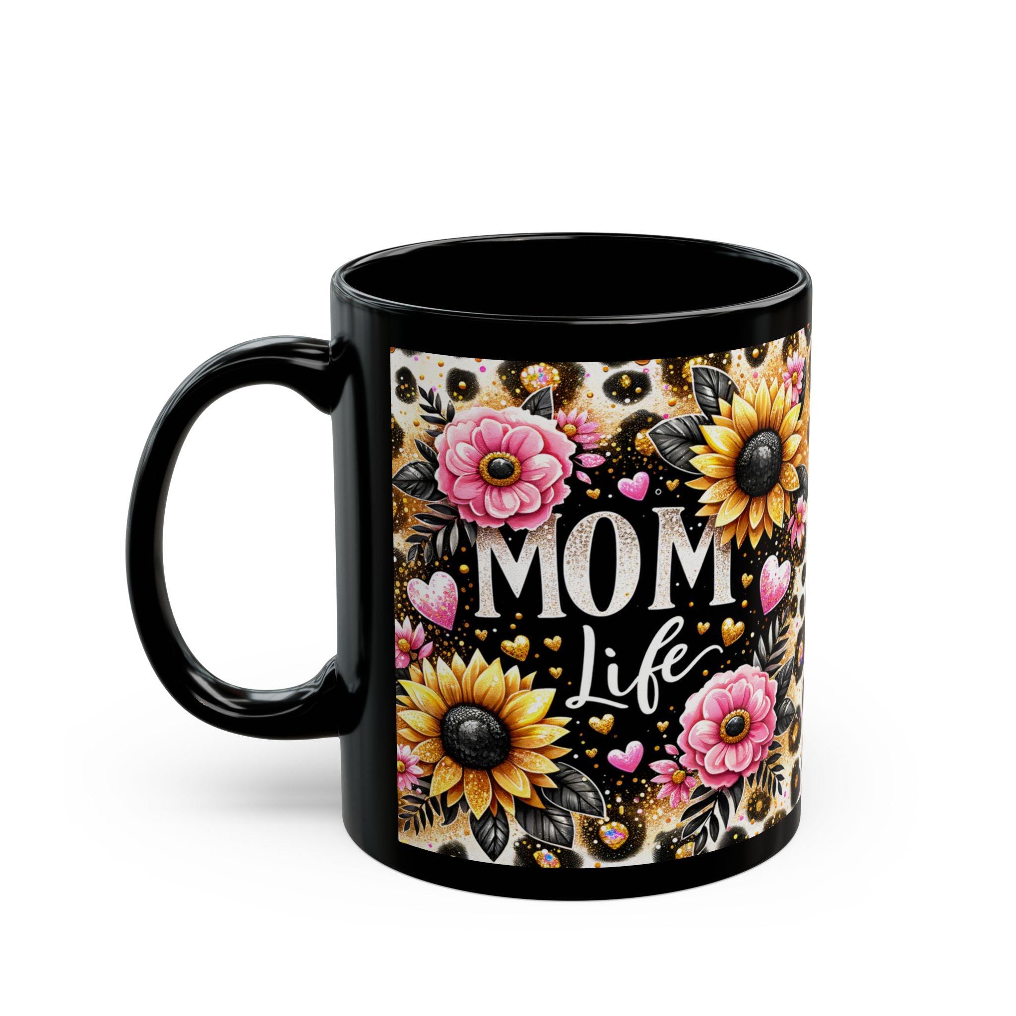 Mom Life Leopard Sunflower Black Ceramic Mug (11oz/15oz)