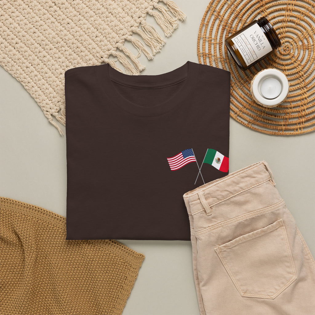 American & Italian Flag Tee with Vintage Rose Back — Patriotic Floral T-Shirt