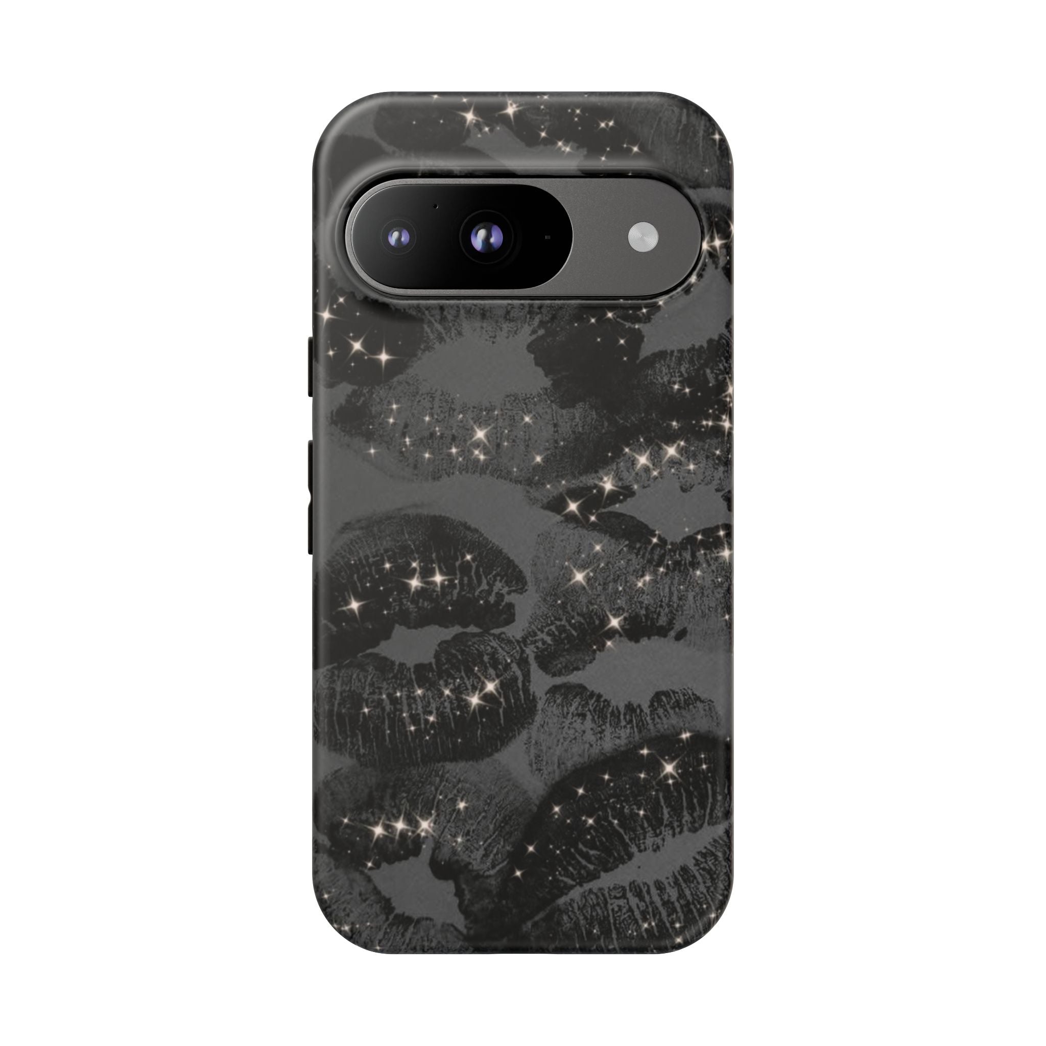 Black Glitter Kiss Phone Case — Sparkling Lip Print Protective Cover