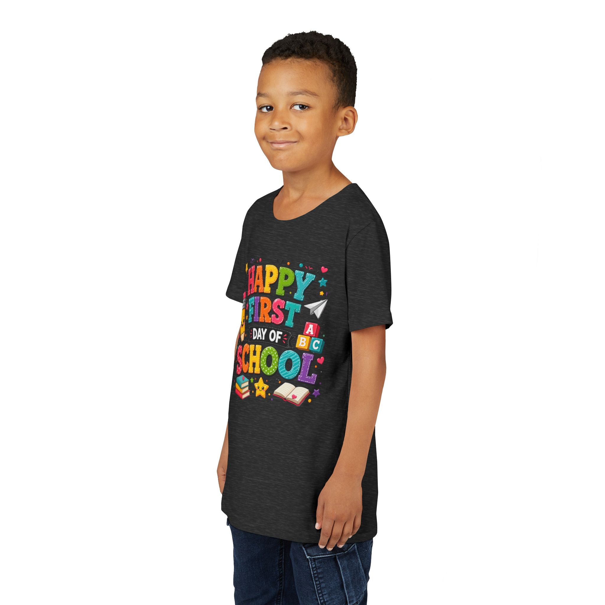 Youth Tee — "Happy First Day of School" Back-to-School Graphic Shirt