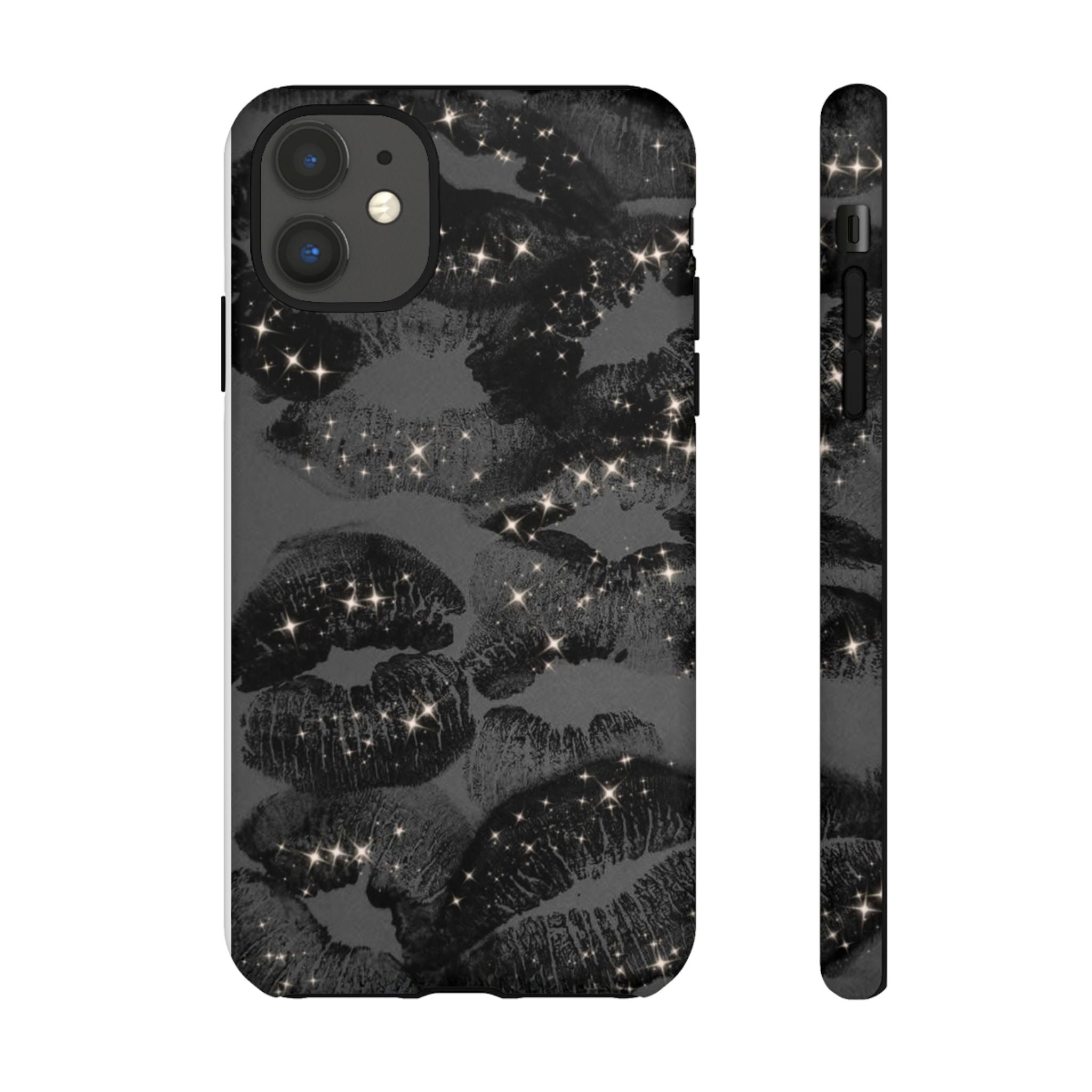 Black Glitter Kiss Phone Case — Sparkling Lip Print Protective Cover