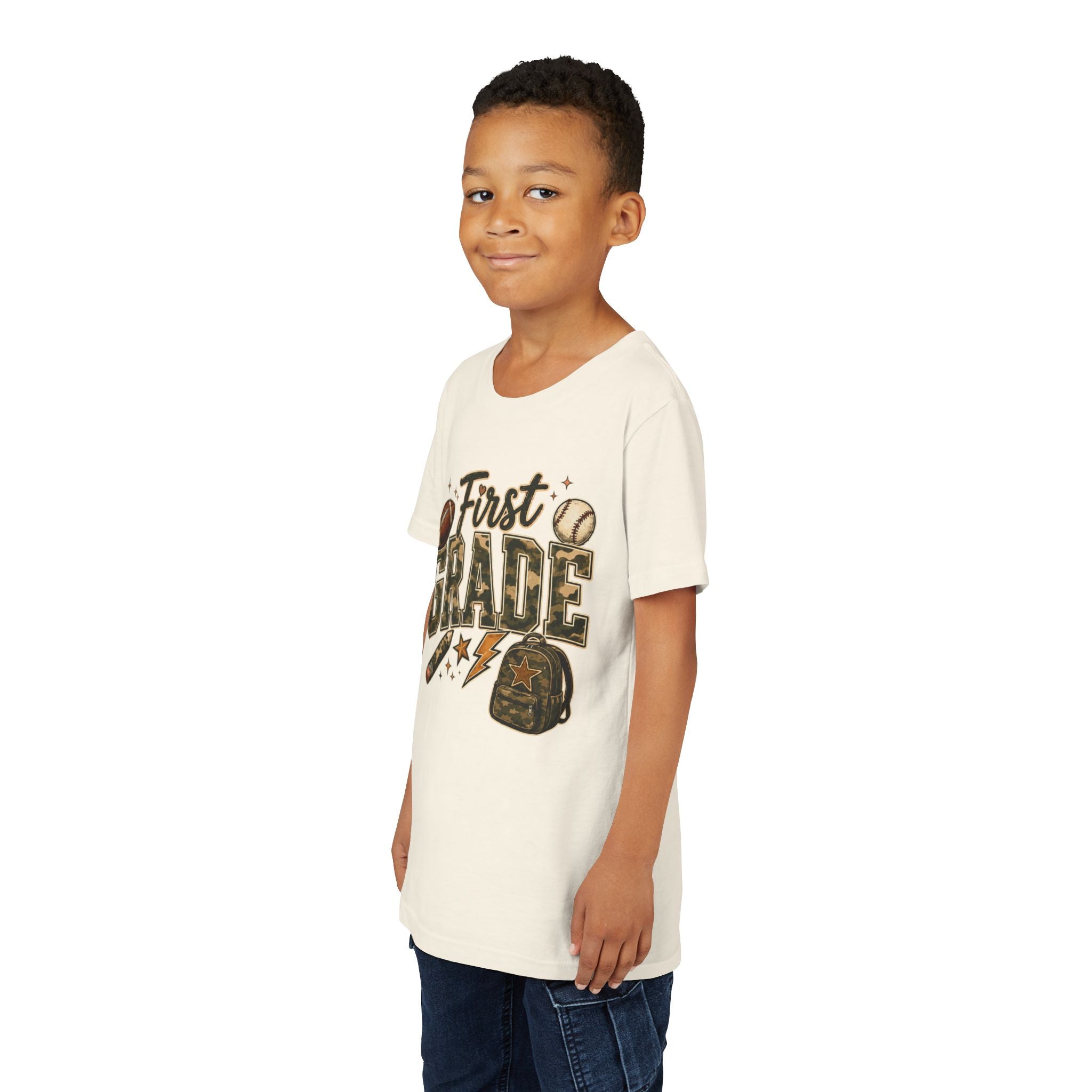 First Grade Kids T‑Shirt — Back to School Sports Backpack Design