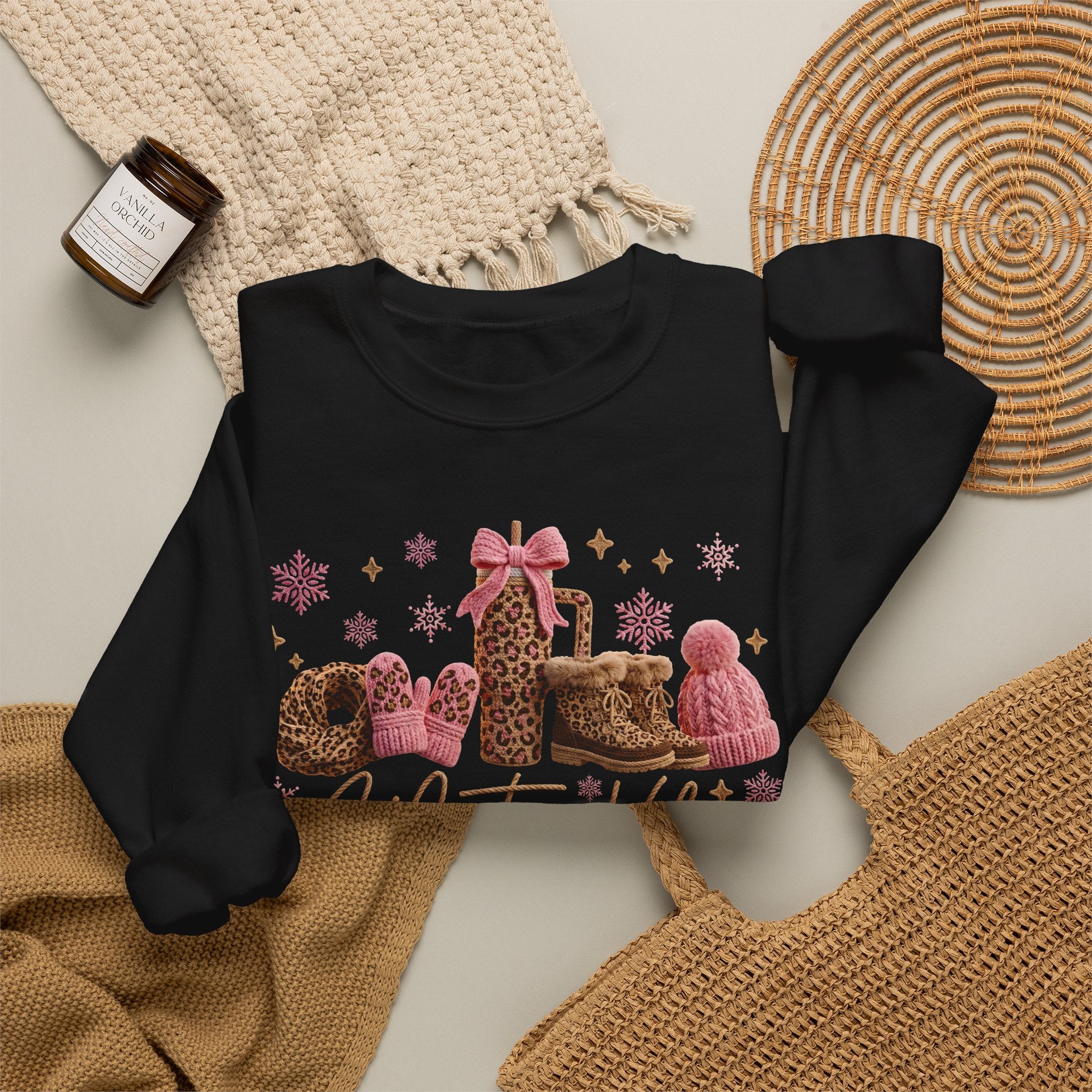 Crewneck Sweatshirt — 'Winter Vibes' Cozy Leopard Print Holiday Design