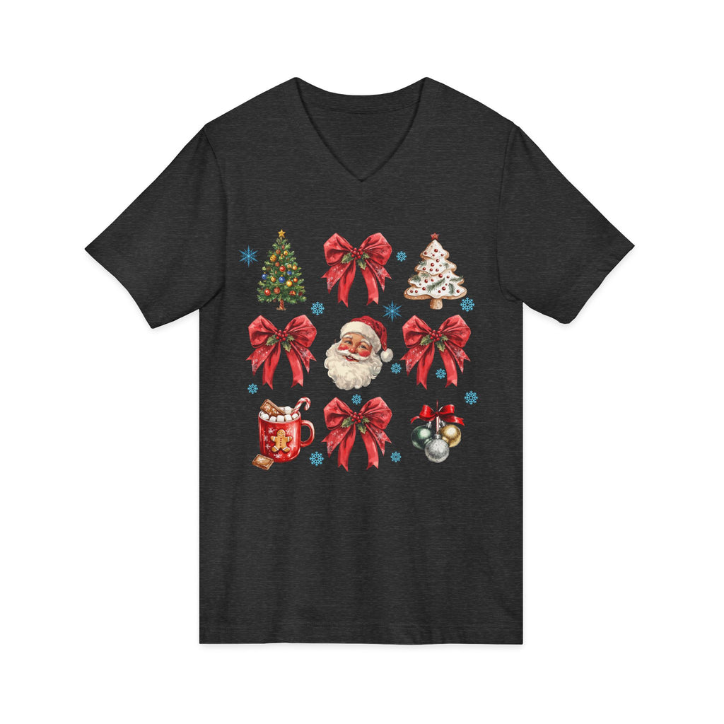 Christmas Icons V-Neck Tee — Santa, Trees & Holiday Bows