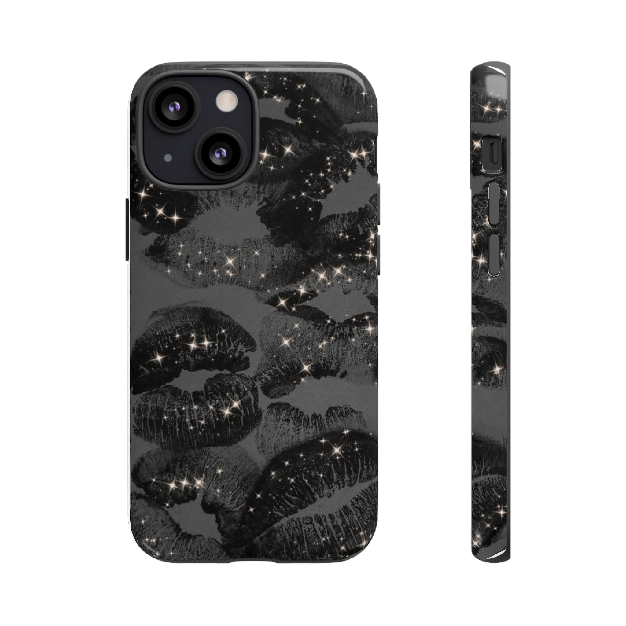 Black Glitter Kiss Phone Case — Sparkling Lip Print Protective Cover