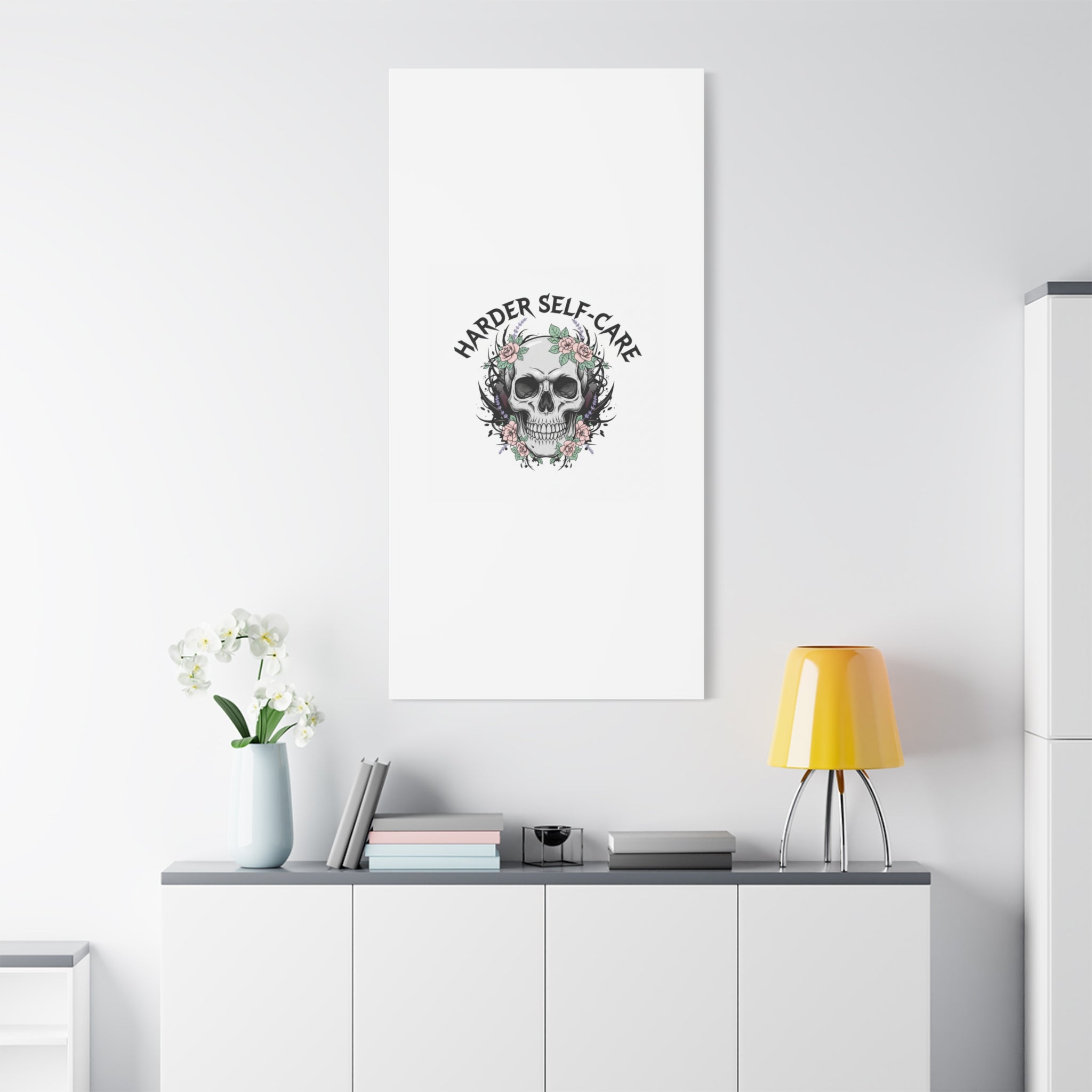 Harder Self-Care Skull Canvas | Heavy Metal Wellness, gothic wellness quote