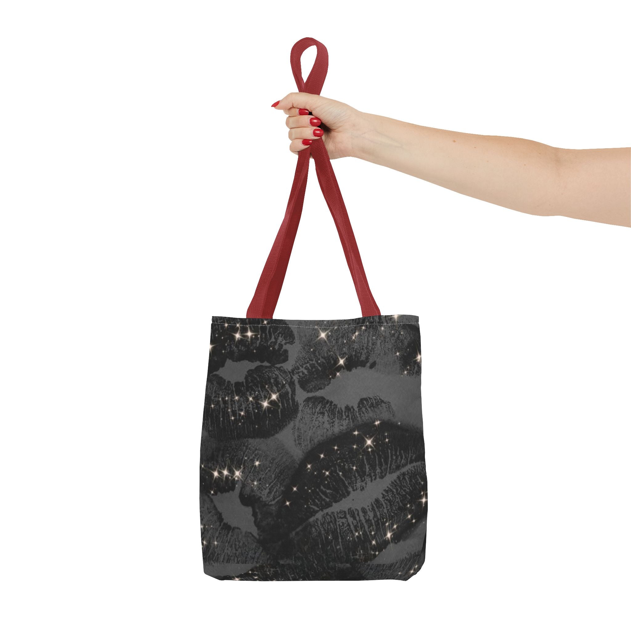 Glitter Kiss Print Tote Bag | Black Lipstick Pattern, Sparkle All-Over
