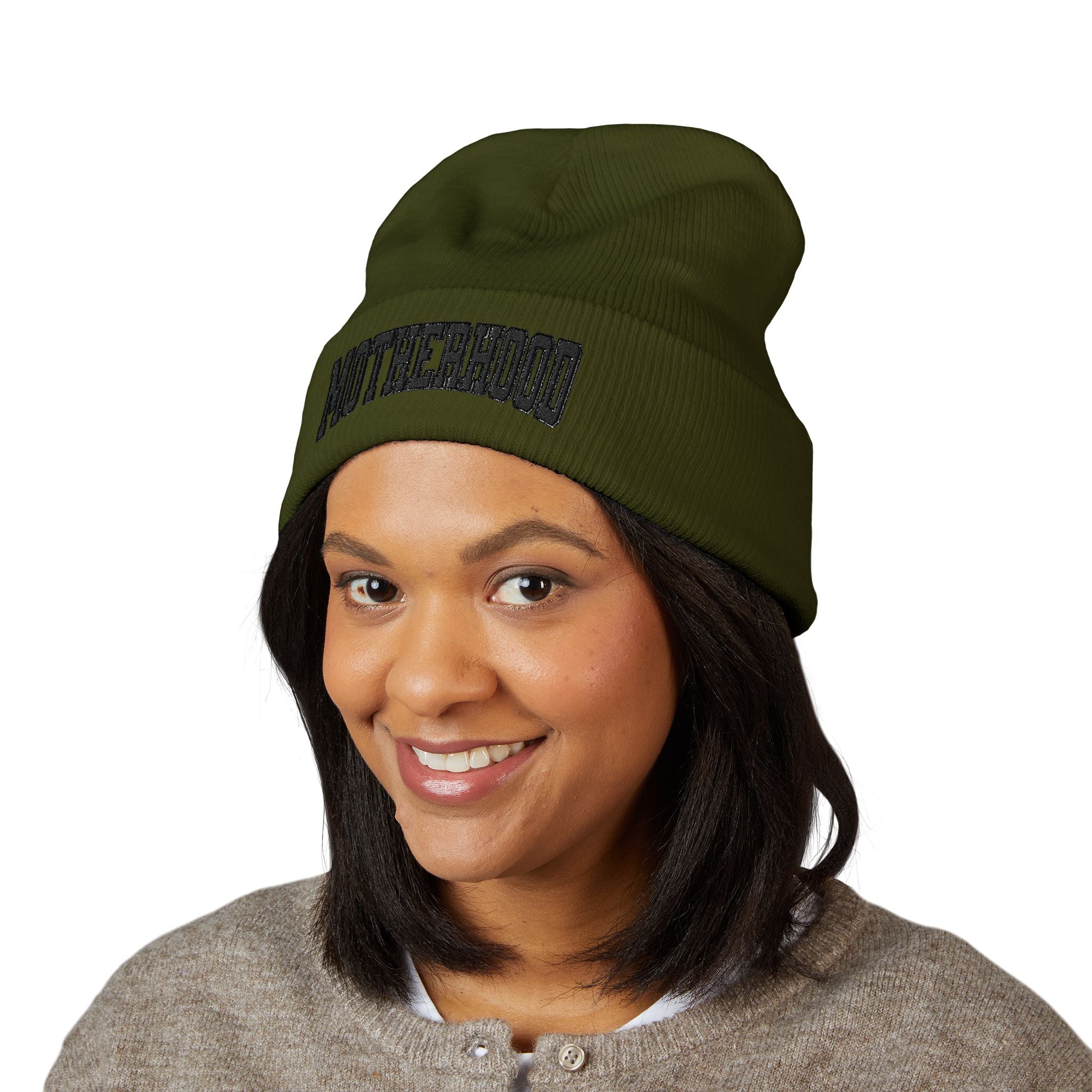 Motherhood Embroidered Cuffed Beanie — Cozy Mom Knit Hat