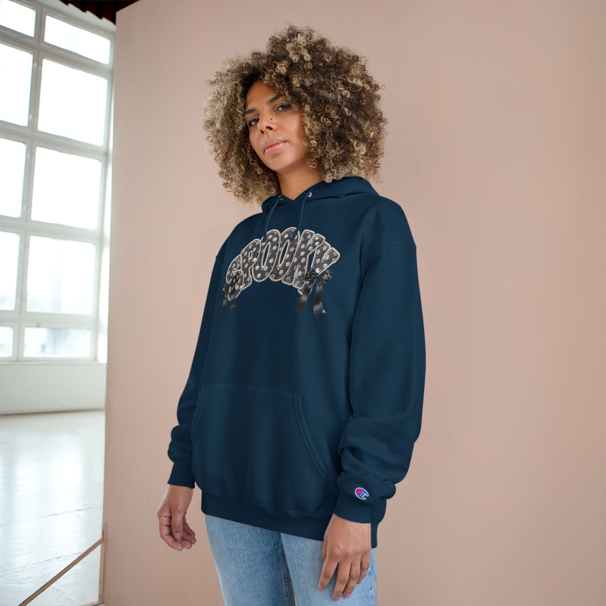 Spooky Floral Champion Hoodie — White Halloween Graphic Sweatshirt