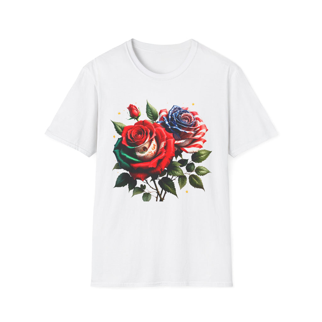 Patriotic Rose Skull T-Shirt — American Flag Blue & Red Floral Tee