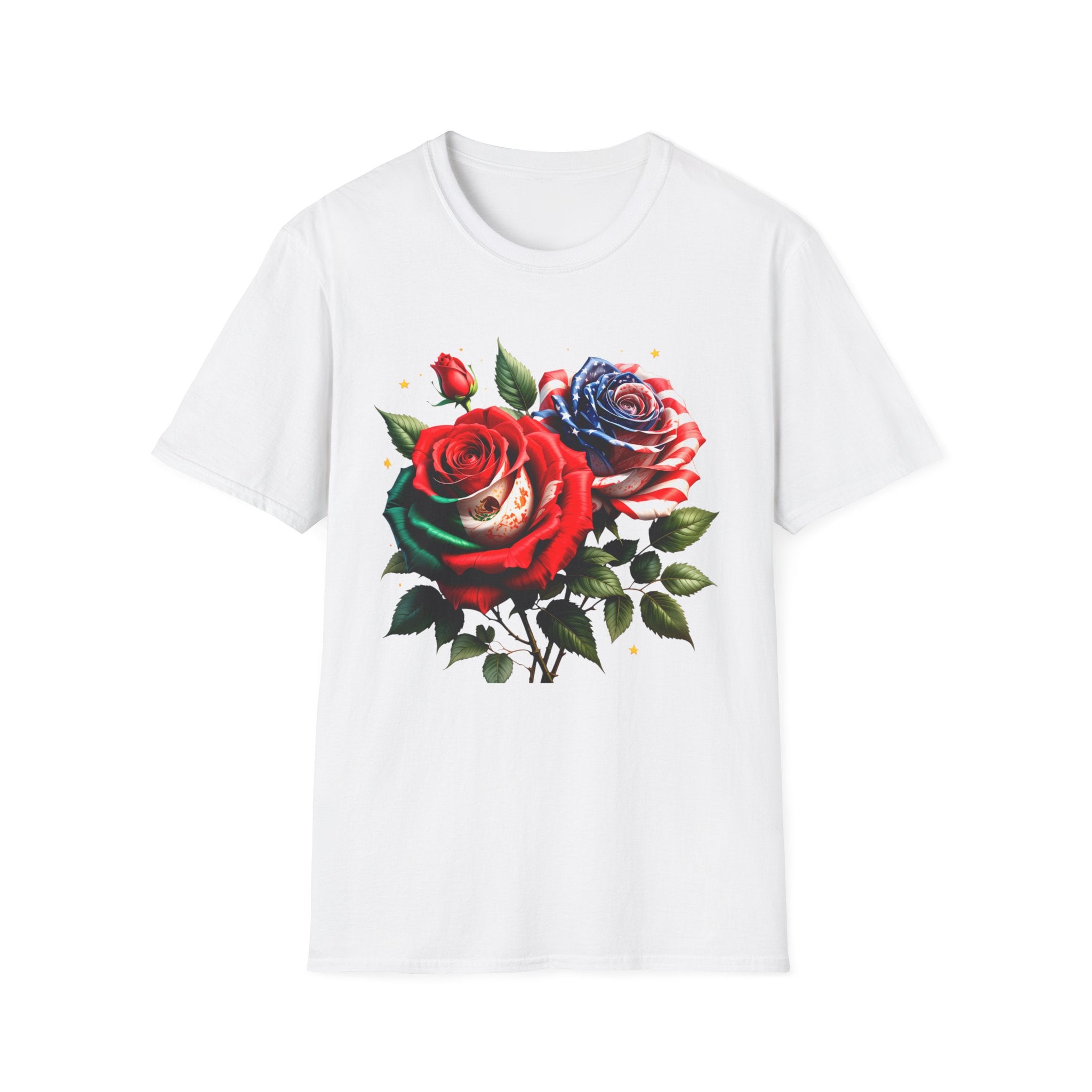 Patriotic Rose Skull T-Shirt — American Flag Blue & Red Floral Tee