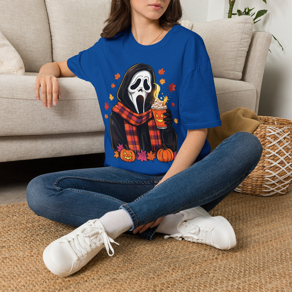 Halloween Scream Mask T‑Shirt — Cozy Fall Pumpkin & Hot Cocoa Graphic Tee