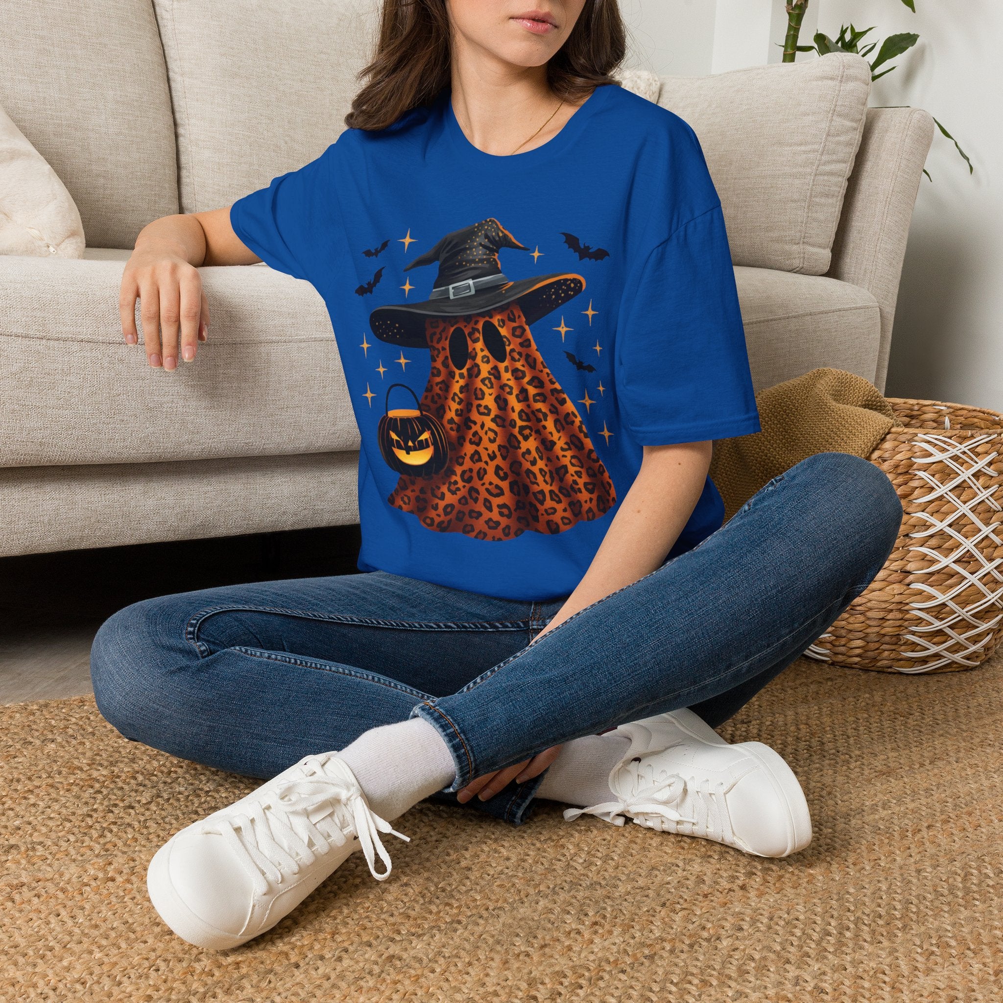 Halloween Leopard Ghost T-Shirt — Witch Hat & Bats Graphic