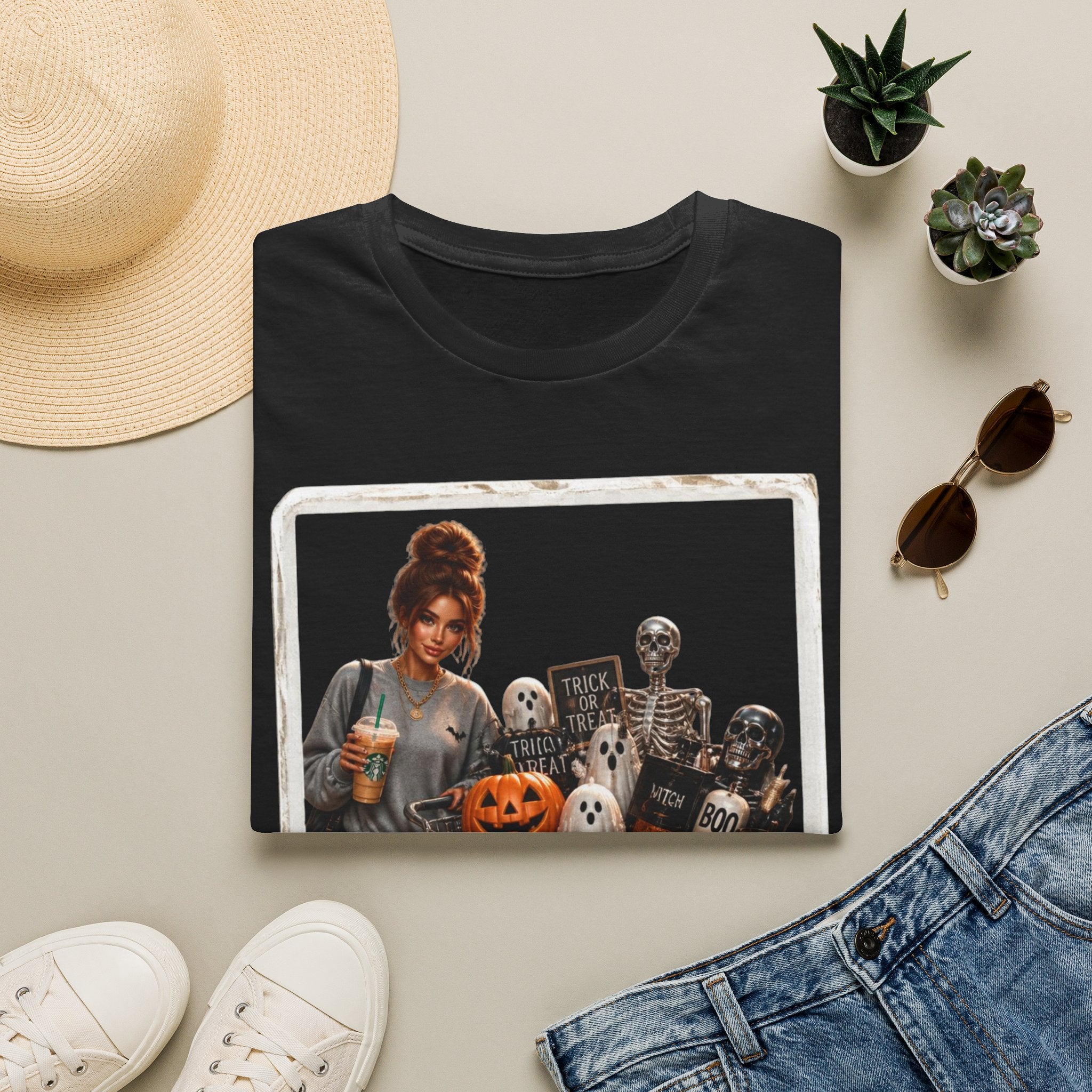 Halloween Cozy Tee — Woman with Pumpkin & Skeleton Graphic