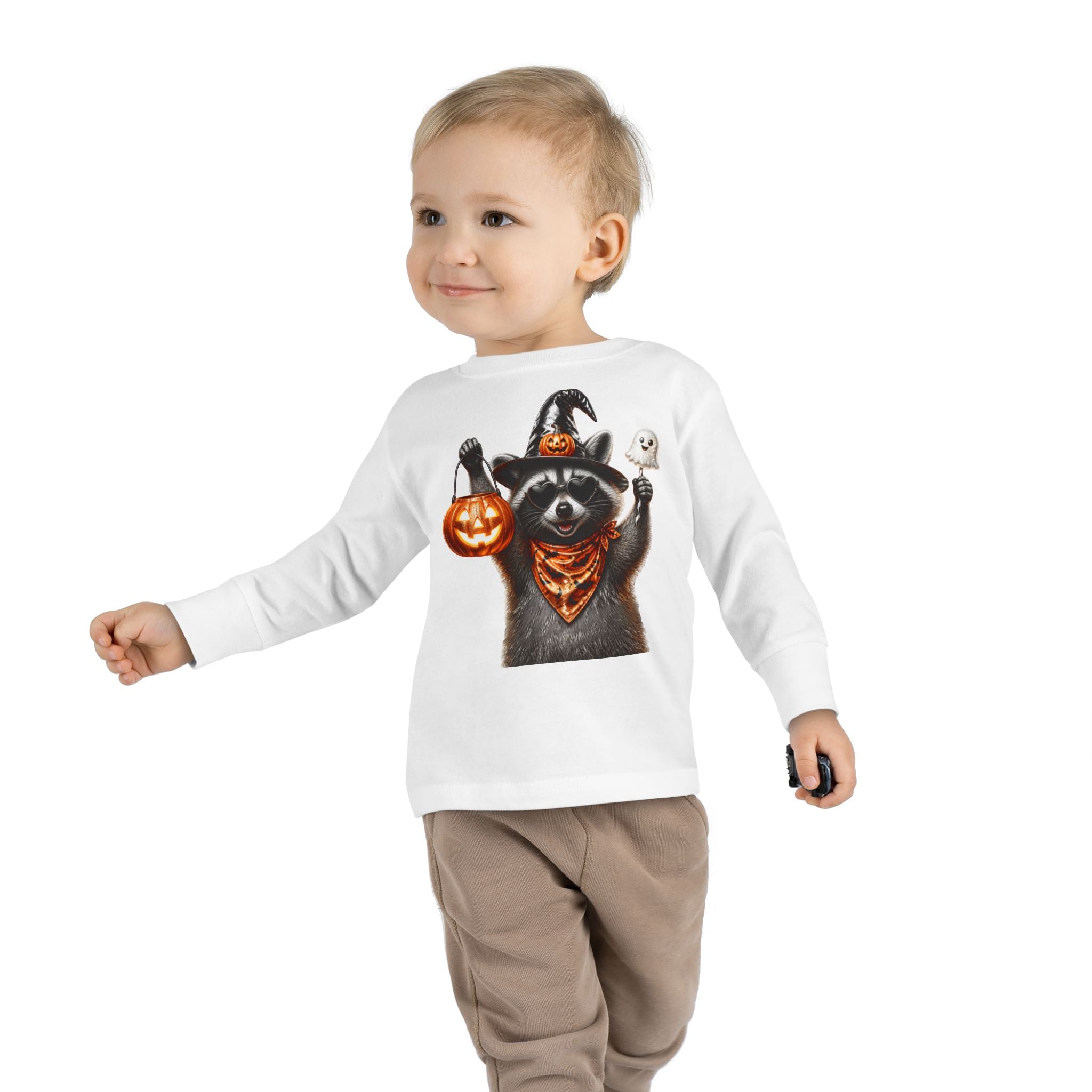 Toddler Long Sleeve Tee - Halloween Raccoon Trick-or-Treat Shirt with Witch Hat & Jack-O'-Lantern