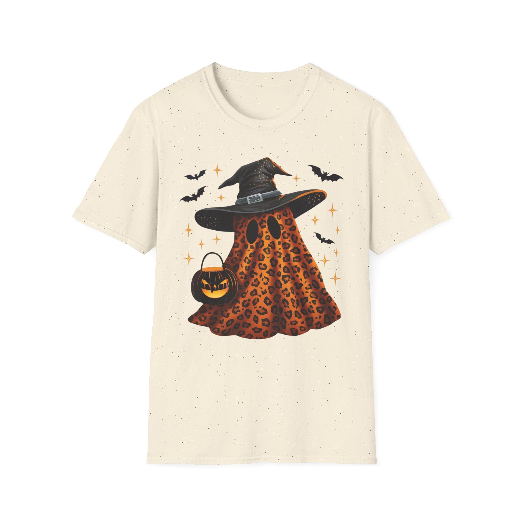 Halloween Leopard Ghost T-Shirt — Witch Hat & Bats Graphic