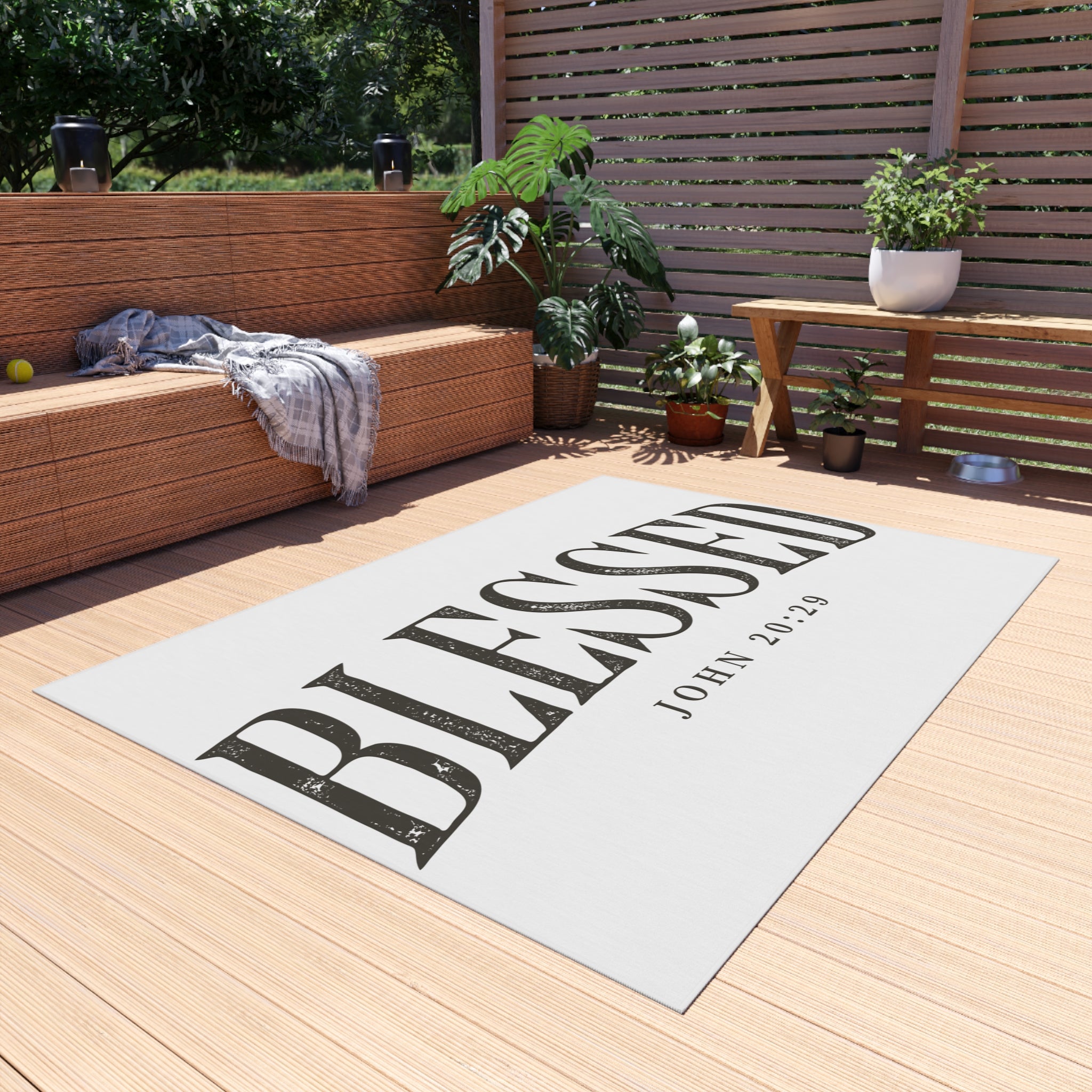 Blessed Outdoor Rug — "BLESSED" with John 20:29 Doormat