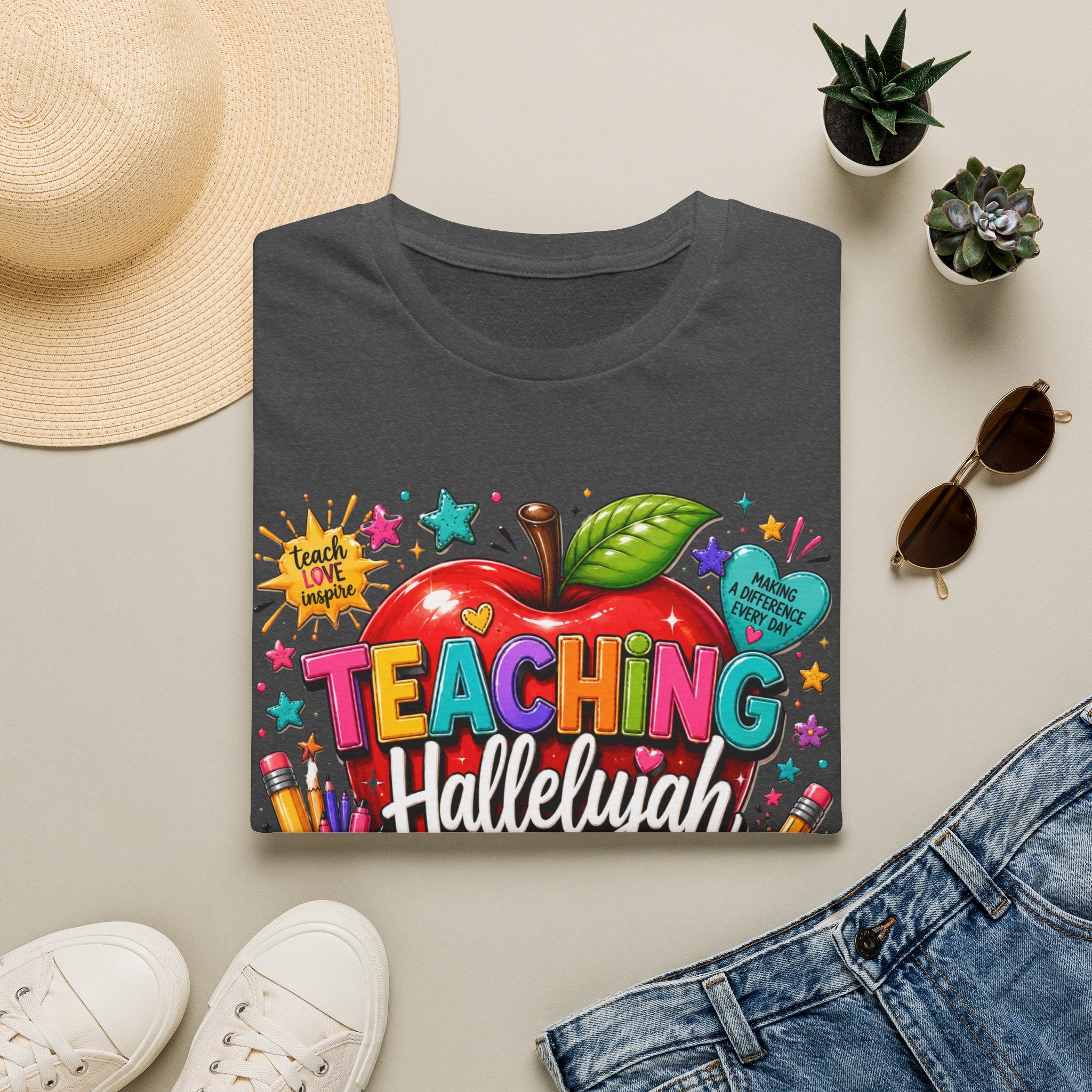 Teacher T-Shirt — "Teaching Hallelujah" Colorful Apple Classroom Tee