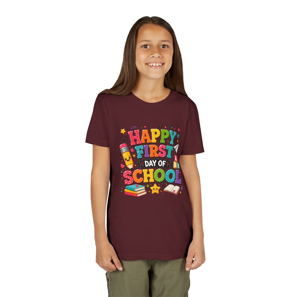 Youth Tee — "Happy First Day of School" Back-to-School Graphic Shirt