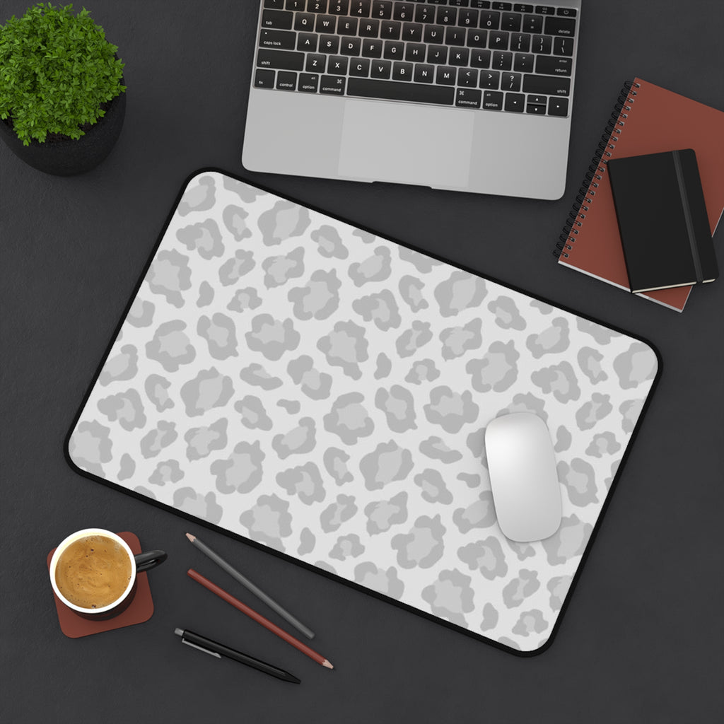 Grey Leopard Print Desk Mat — Neutral Animal Pattern Mouse Pad for Home Office