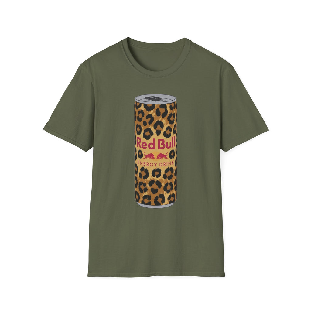 Leopard Print Red Bull Can T‑Shirt — Energy Drink Graphic Tee