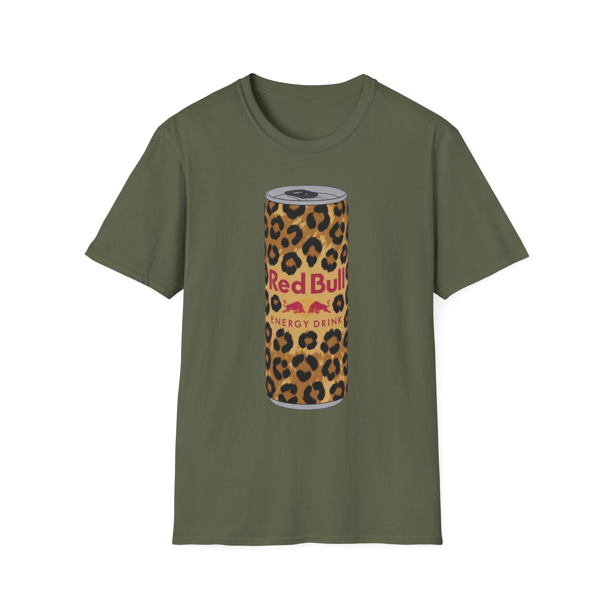 Leopard Print Red Bull Can T‑Shirt — Energy Drink Graphic Tee