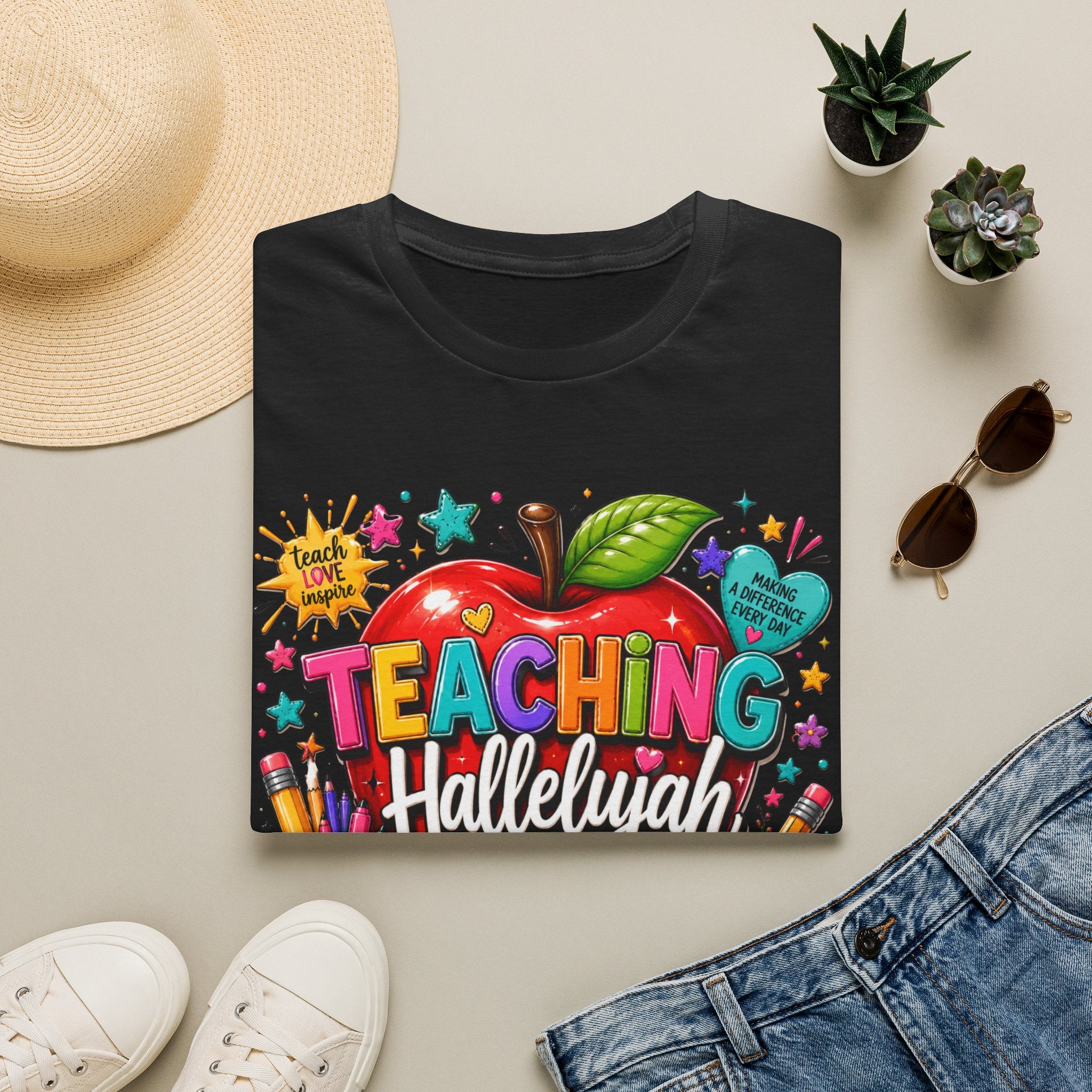 Teacher T-Shirt — "Teaching Hallelujah" Colorful Apple Classroom Tee