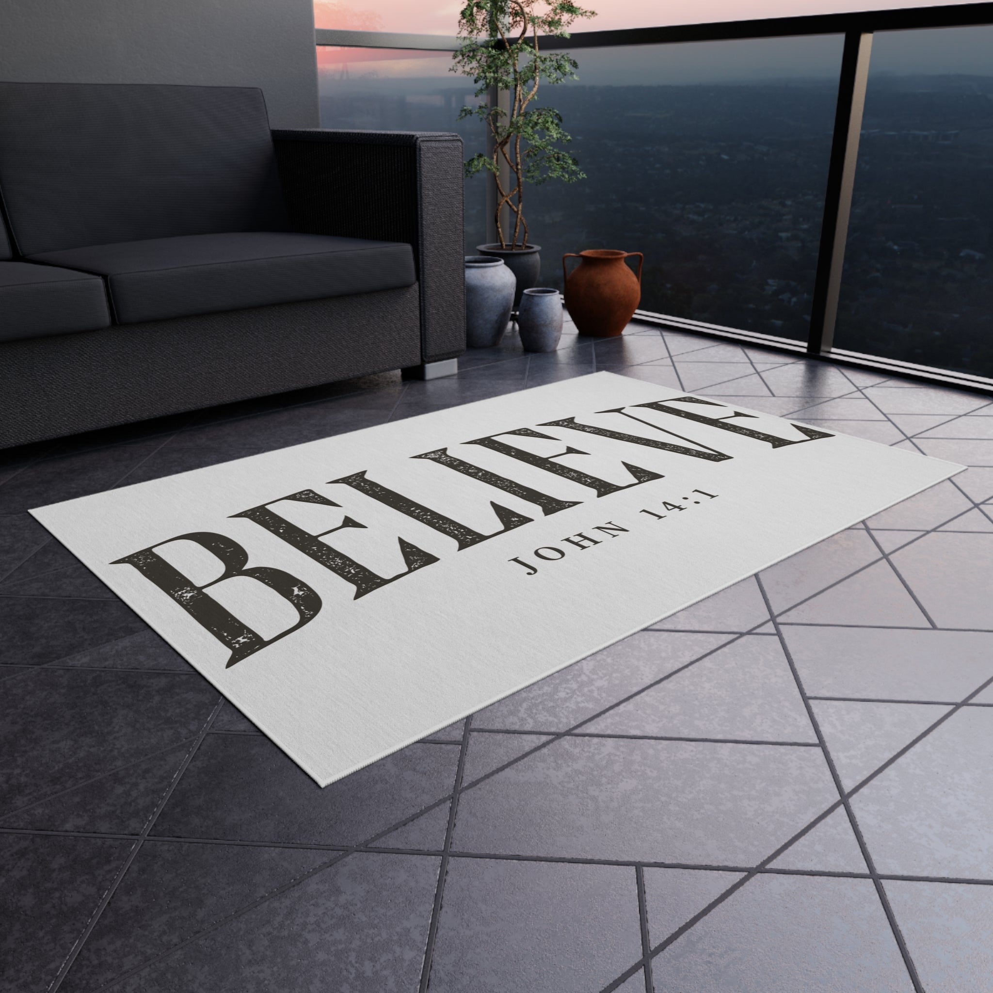Believe Outdoor Rug — "Believe" John 14:1 Scripture Doormat