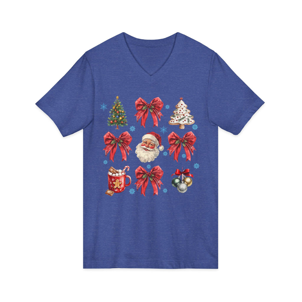 Christmas Icons V-Neck Tee — Santa, Trees & Holiday Bows