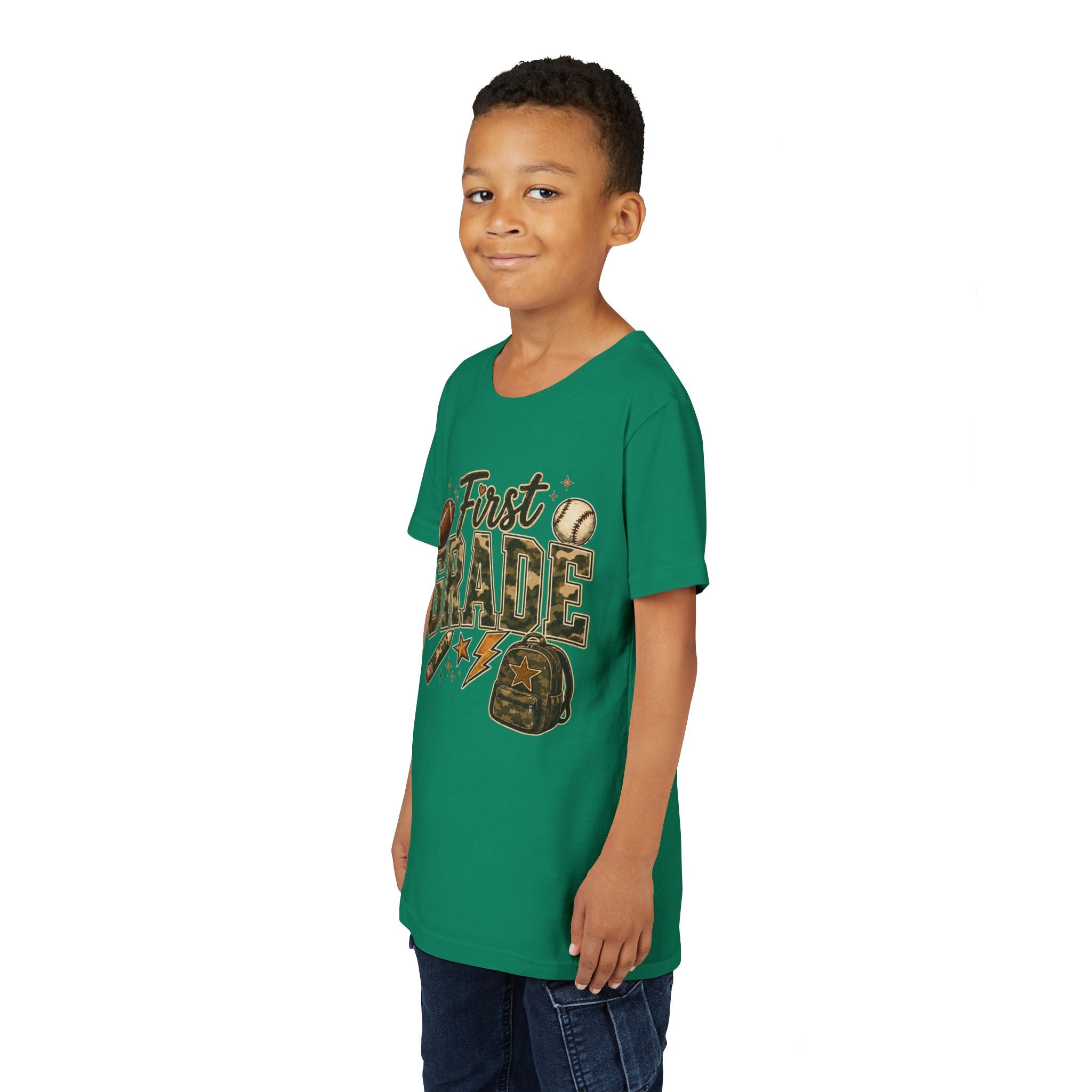 First Grade Kids T‑Shirt — Back to School Sports Backpack Design