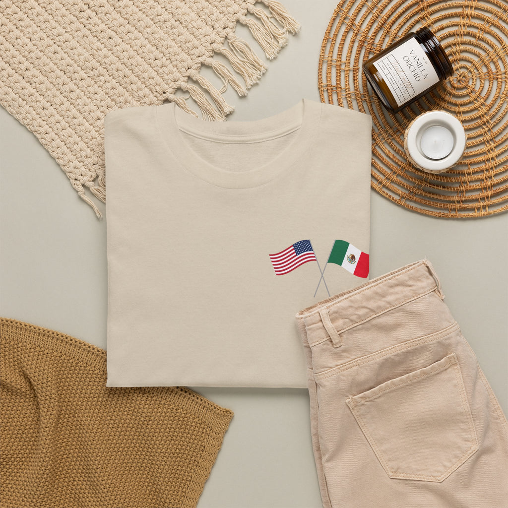 American & Italian Flag Tee with Vintage Rose Back — Patriotic Floral T-Shirt