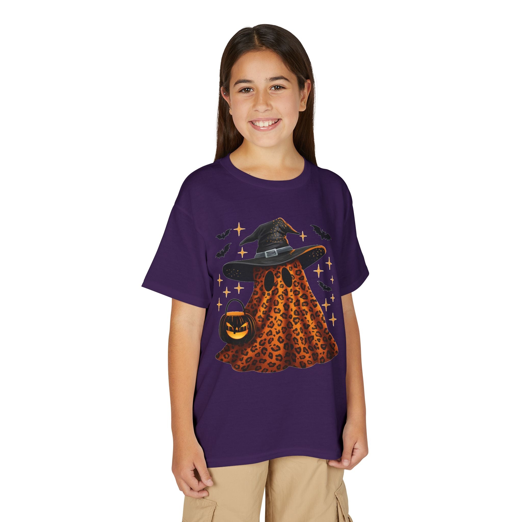 Youth T-Shirt — Leopard Witch Ghost Halloween Tee (Pumpkin Candy Bag, Bats)