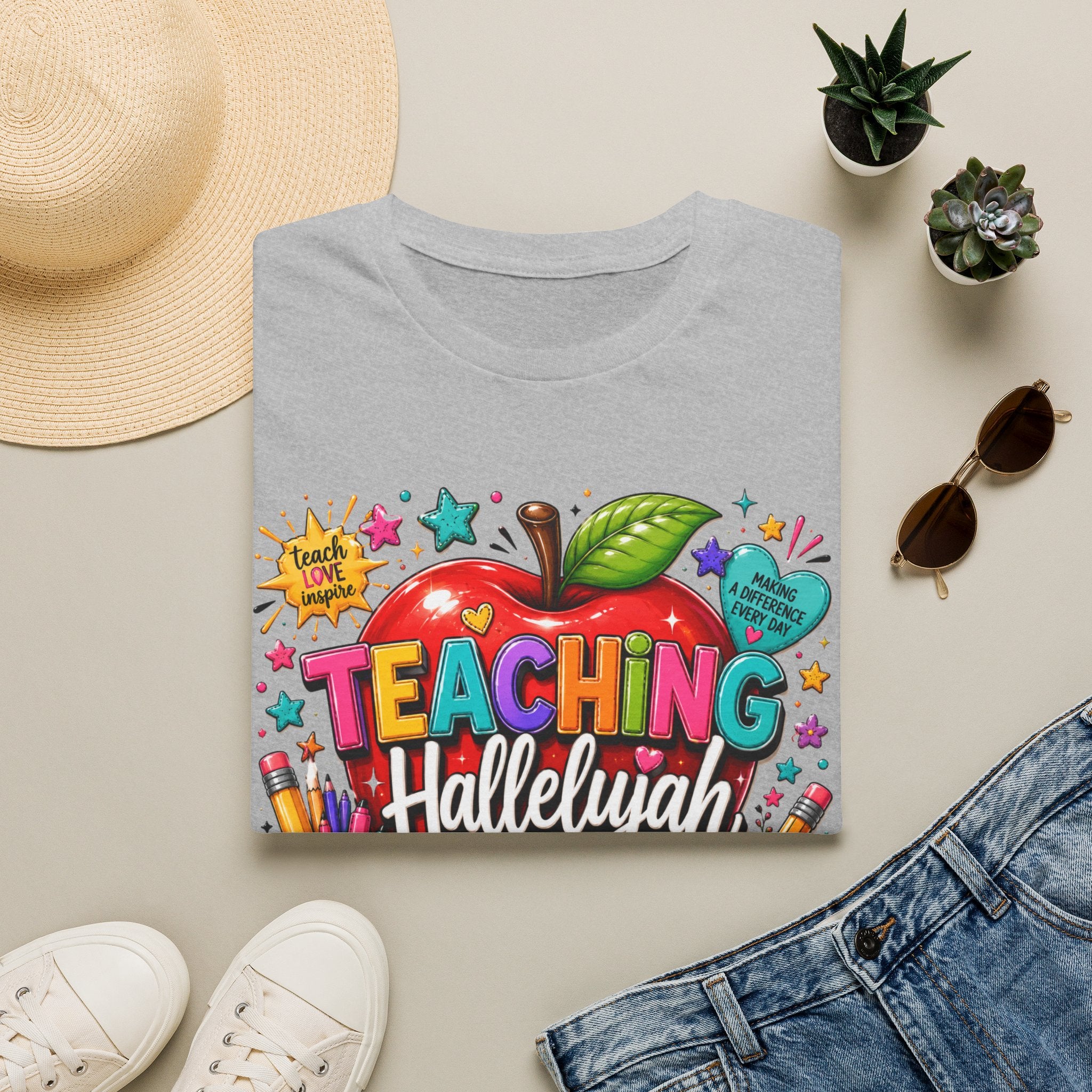 Teacher T-Shirt — "Teaching Hallelujah" Colorful Apple Classroom Tee