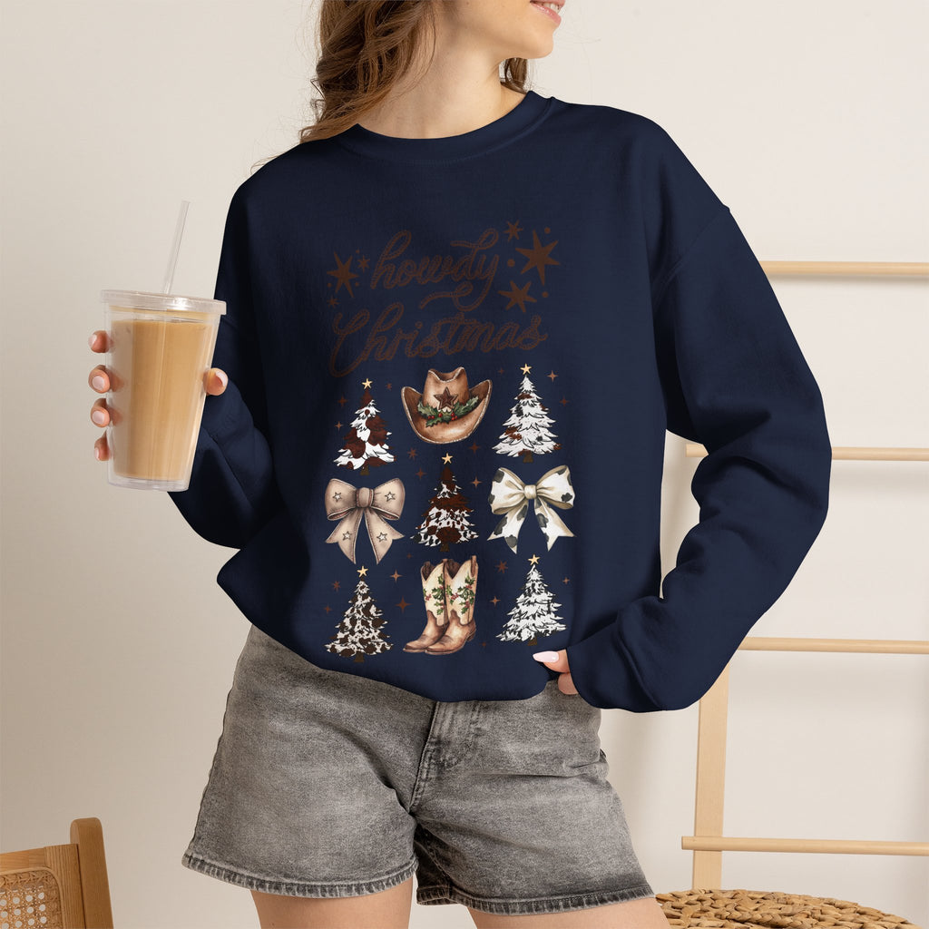 Howdy Christmas Sweatshirt — Western Cowboy Holiday Crewneck with Boots & Trees