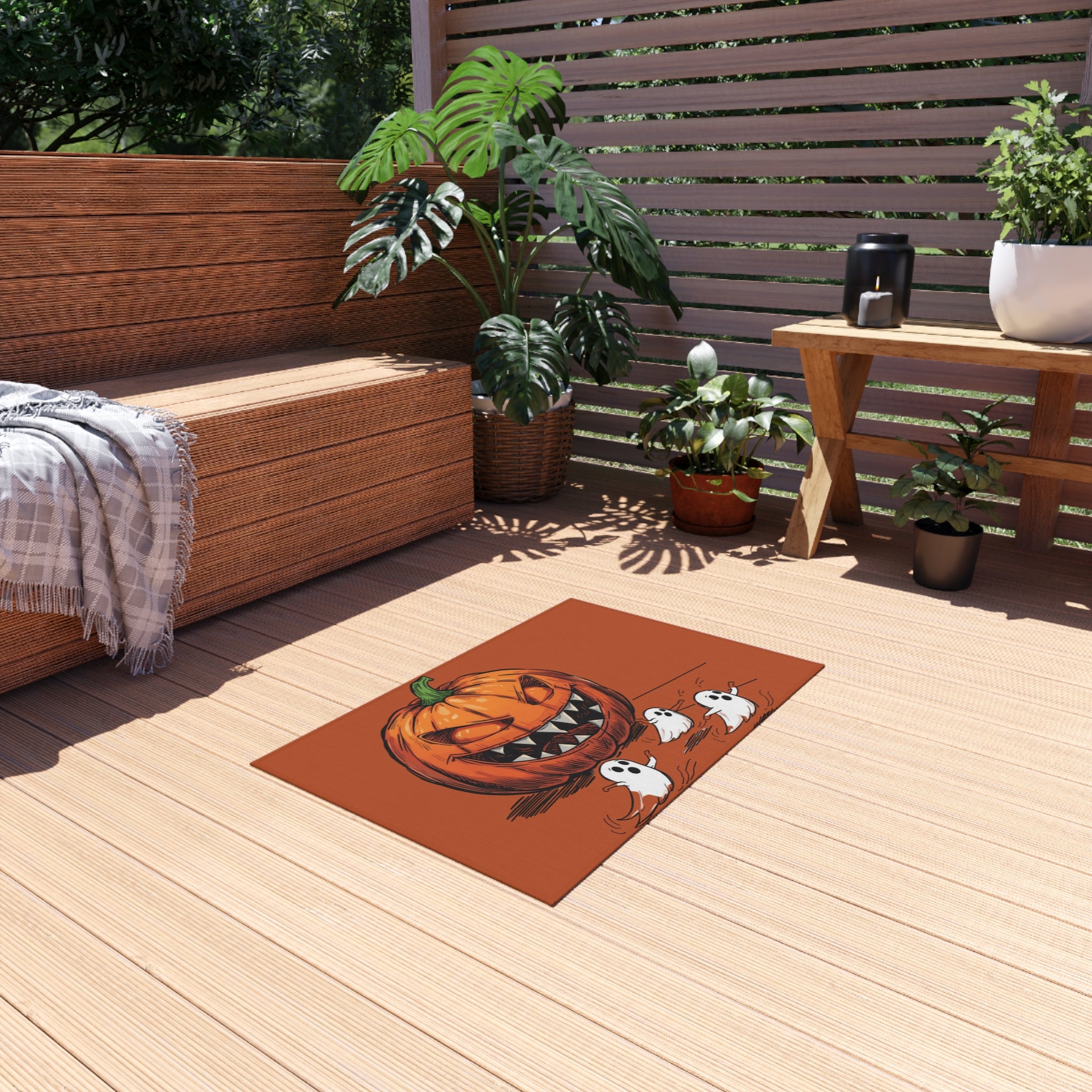 Halloween Pumpkin Outdoor Rug — Jack-o'-Lantern with Ghosts Doormat
