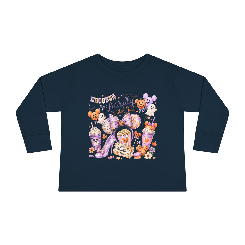 Toddler Long Sleeve Tee — "Pumpkin Spice & Magic" Halloween Minnie Bow Graphic