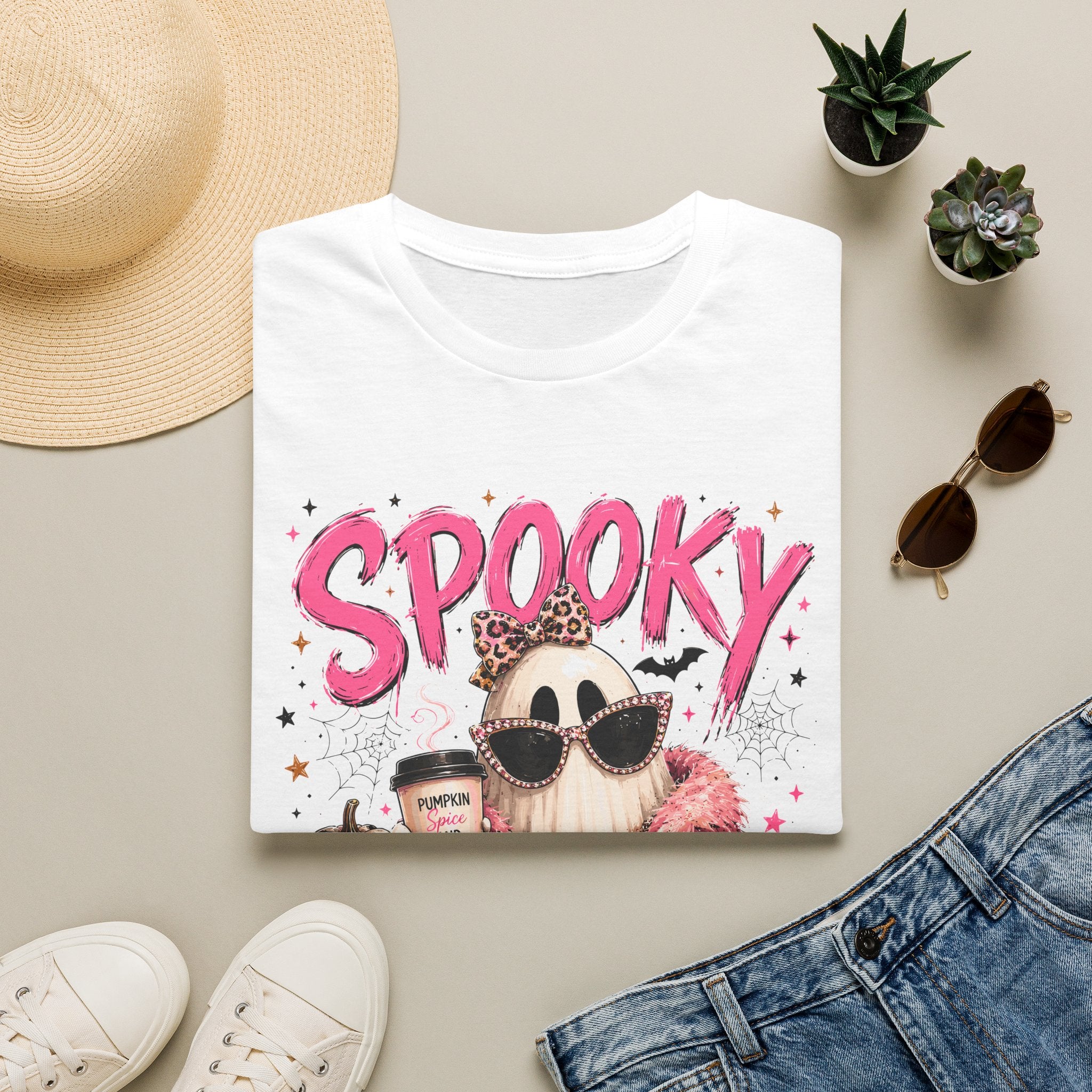 Spooky Glam T-Shirt — Cute Pink Ghost with Sunglasses & Pumpkin Latte