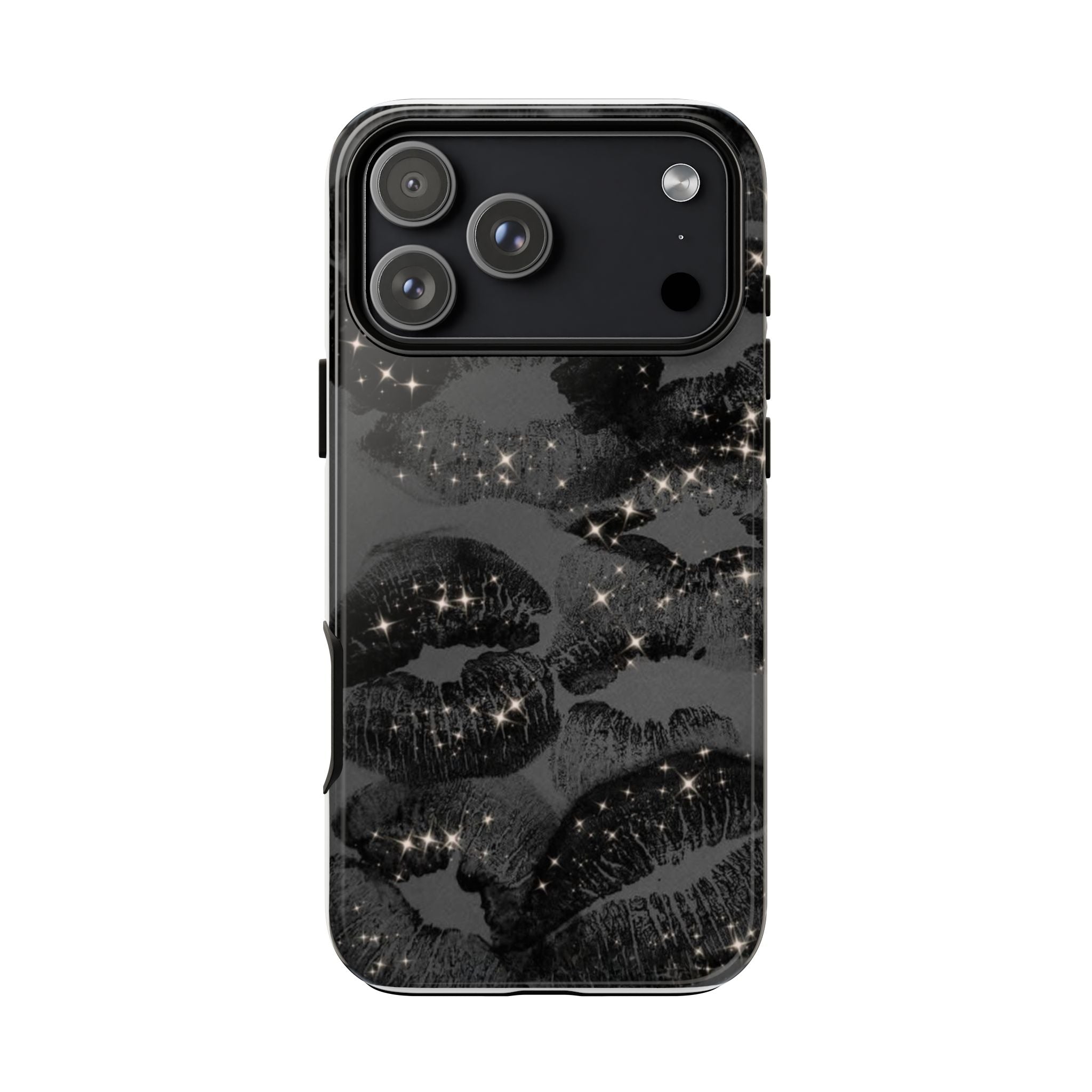 Black Glitter Kiss Phone Case — Sparkling Lip Print Protective Cover