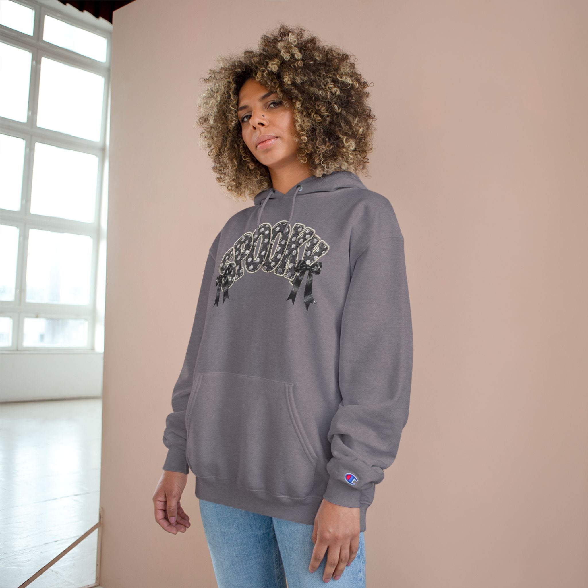 Spooky Floral Champion Hoodie — White Halloween Graphic Sweatshirt