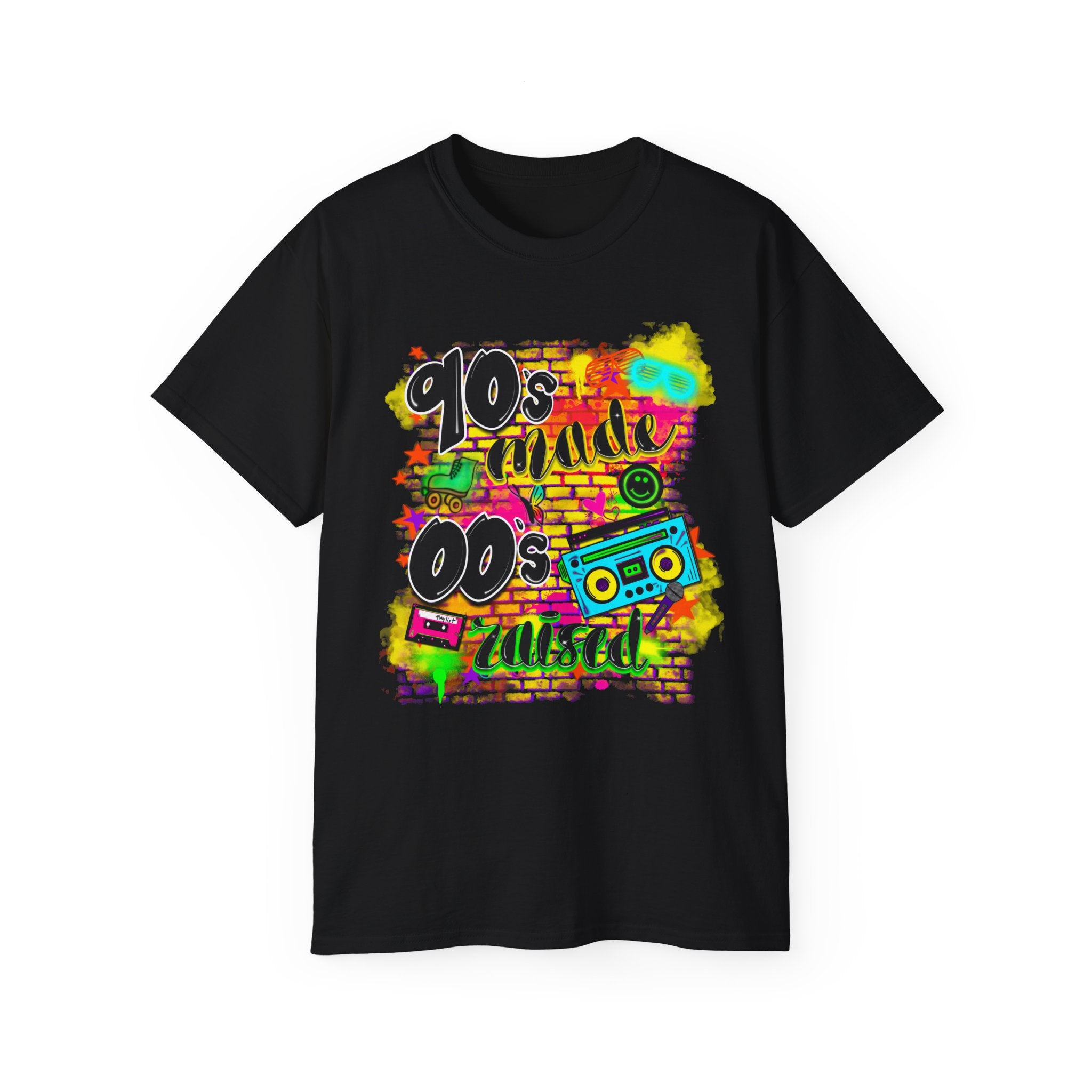 90s Made 00s Raised T-Shirt — Neon Retro Boombox Graphic Tee
